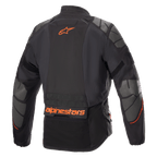 Alpinestars AMT-10R Drystar® XF Jacket, Motorcycle Adventure Jacket, Black with orange Alpinestars logo and grey Superfabric panels on shoulders and elbows, rear view, technical multi-season riding gear