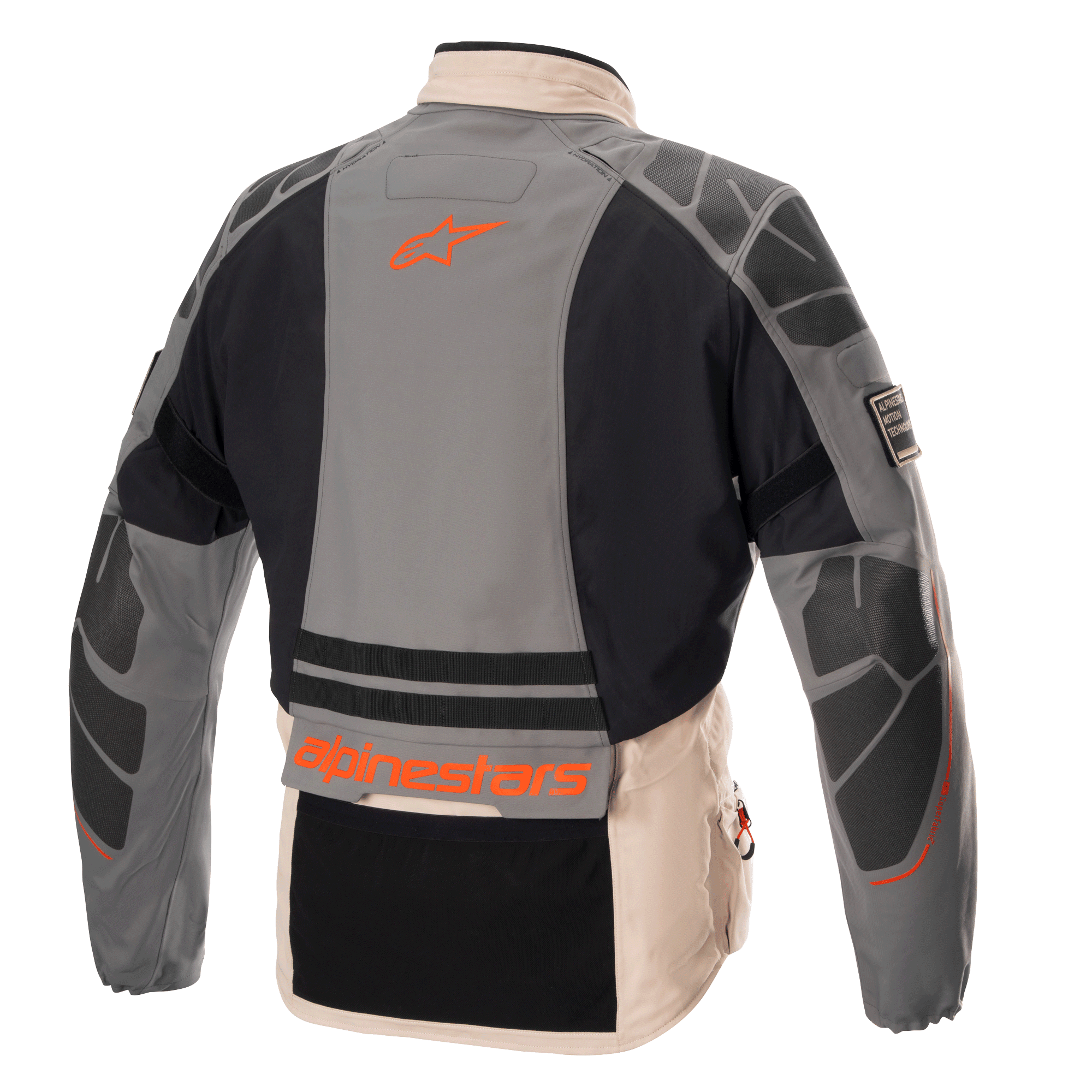 Jaqueta Alpinestars AMT-10R Drystar® XF, jaqueta de motociclismo de aventura, cinzento, castanho claro e laranja, vista traseira com reforços protetores nos ombros e cotovelos, logótipo Alpinestars em laranja, design têxtil modular para todas as condições climatéricas