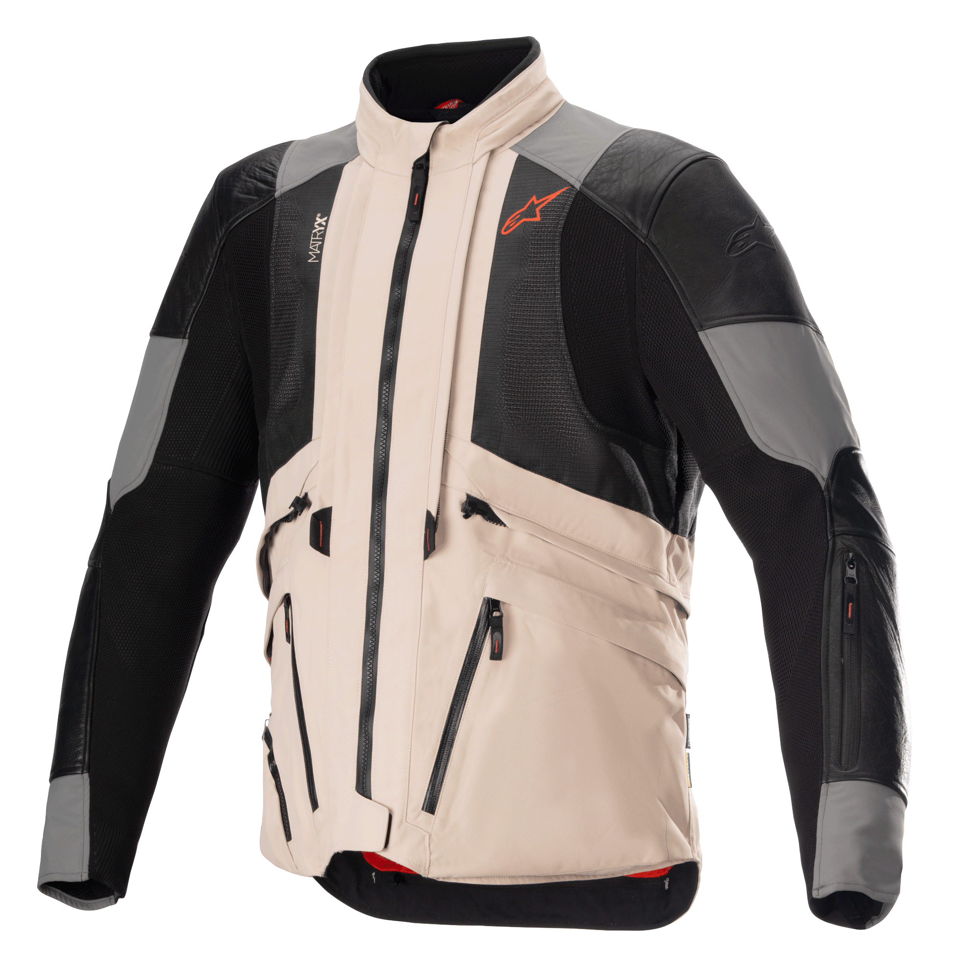 Casaco Alpinestars AMT-10R Drystar XF em configuração para o calor, casaco de motociclismo de aventura, cinzento e castanho pálido com painéis de malha pretos, design modular para o máximo fluxo de ar, com vários bolsos utilitários e logótipo Alpinestars Spicy Orange no peito