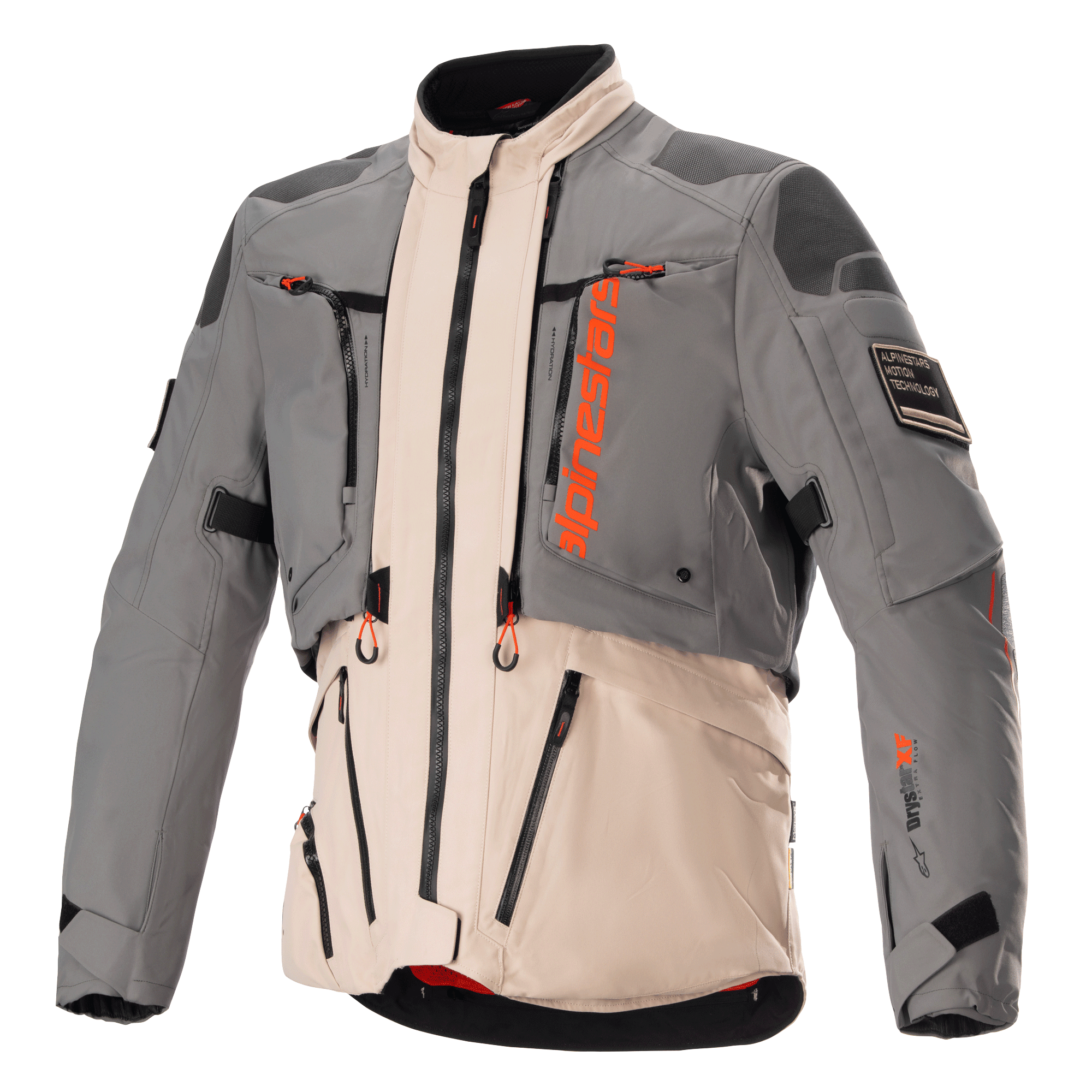 Alpinestars AMT-10R Drystar XF Jacket, casaco de motociclismo para turismo de aventura, cinzento e castanho claro com detalhes em laranja Spicy Orange, construção têxtil modular com fechos frontais, painéis reforçados nos ombros e cotovelos e gola alta, equipamento de proteção profissional