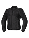 Alpinestars Stella T-Jaws V4 Waterproof Jacket, Women's Motorcycle Jacket, Black on Black, front zipper closure, ergonomic collar, subtle Alpinestars logo on the chest, durable textile construction with a racing-inspired sport fit