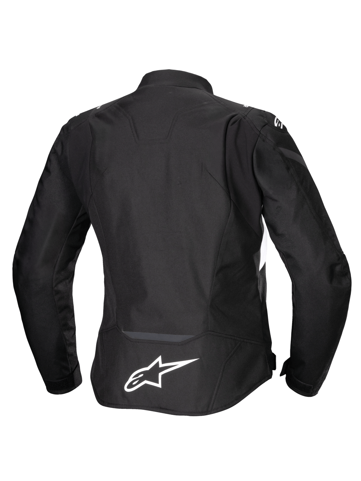 Jaqueta Stella T-Jaws V4 Waterproof Alpinestars, jaqueta de motociclismo para mulher, preta com detalhes brancos, vista traseira com logótipo Alpinestars branco na parte inferior das costas, design têxtil elegante com ajuste desportivo
