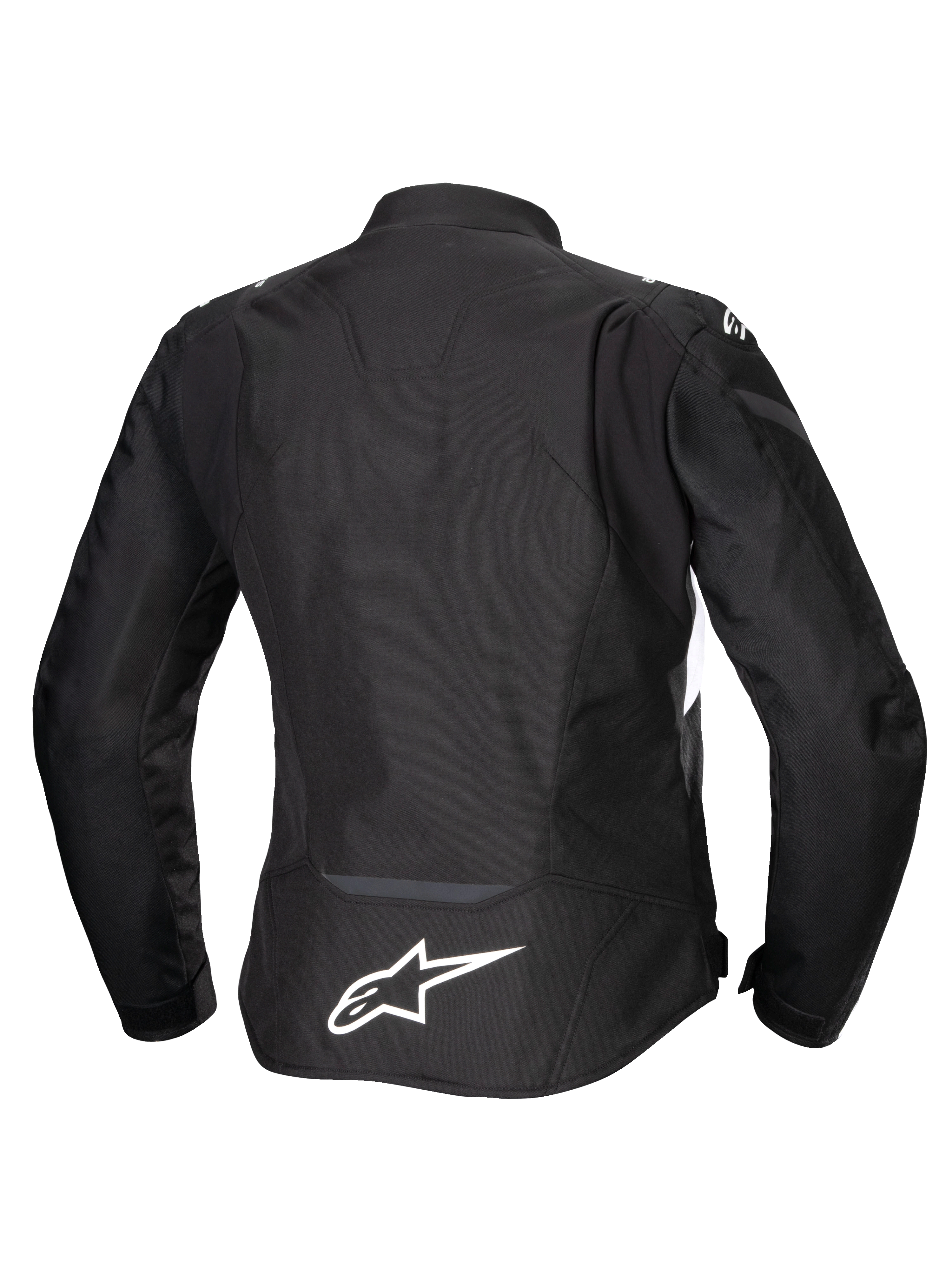 Alpinestars Stella T-Jaws V4 Waterproof Jacket, Women's Motorcycle Jacket, Black with white accents, Rear view featuring white Alpinestars logo on the lower back, sleek sport-fit textile design