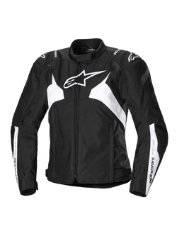 Alpinestars Stella T-Jaws V4 Waterproof Jacket, casaco de motociclismo desportivo para mulher, preto e branco, logótipo de estrela branco proeminente no peito, painéis brancos angulares no tronco e nas mangas, reforços de ombro GP Lite e silhueta desportiva 3D ajustada.
