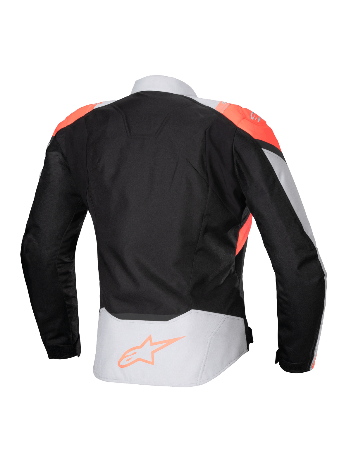 Casaco Alpinestars Stella T-Jaws V4 Waterproof, casaco de motociclismo feminino, preto, cinzento gelo e coral fluorescente, vista traseira com detalhes coral fluorescente nos ombros e logótipo Alpinestars na zona lombar, construção em tecido técnico para condução em todas as condições climatéricas