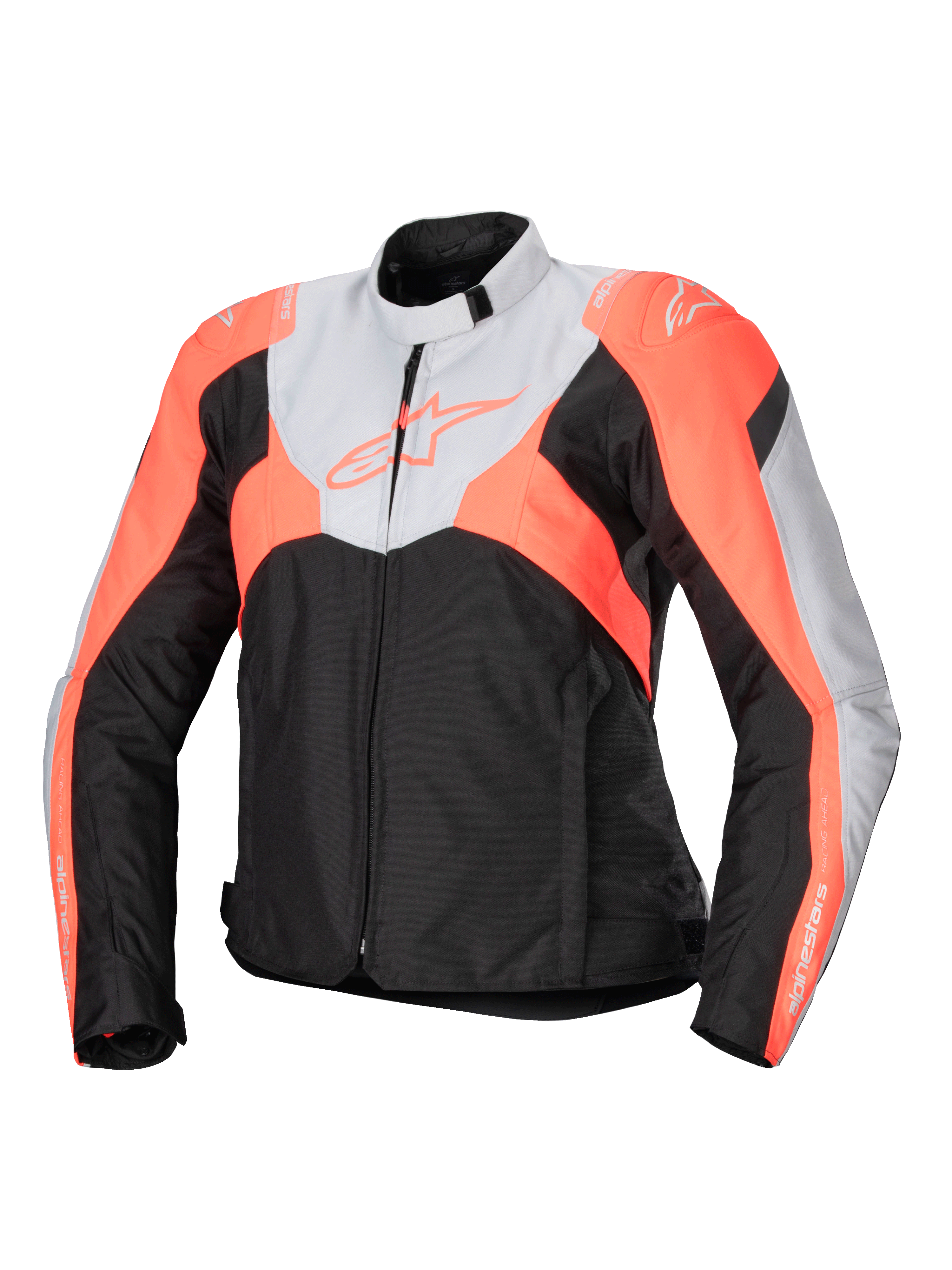 Alpinestars Stella T-Jaws V4 Waterproof Jacket, Women's Sport Textile Motorcycle Jacket, Black, Ice Gray, and Fluo Coral, featuring a high collar, front zipper, angular color blocks, and branding on chest and sleeves