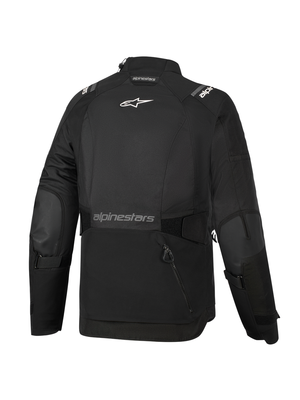 Casaco Alpinestars Stella Andes V4 Drystar® Feminino, preto, vista traseira, com um grande bolso de arrumação traseiro, logótipo Alpinestars branco na parte superior das costas e marca com texto na parte inferior das costas, correias de ajuste na cintura e nos braços, casaco de touring de aventura em têxtil durável