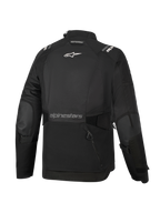 Casaco Alpinestars Stella Andes V4 Drystar® Feminino, preto, vista traseira, com um grande bolso de arrumação traseiro, logótipo Alpinestars branco na parte superior das costas e marca com texto na parte inferior das costas, correias de ajuste na cintura e nos braços, casaco de touring de aventura em têxtil durável