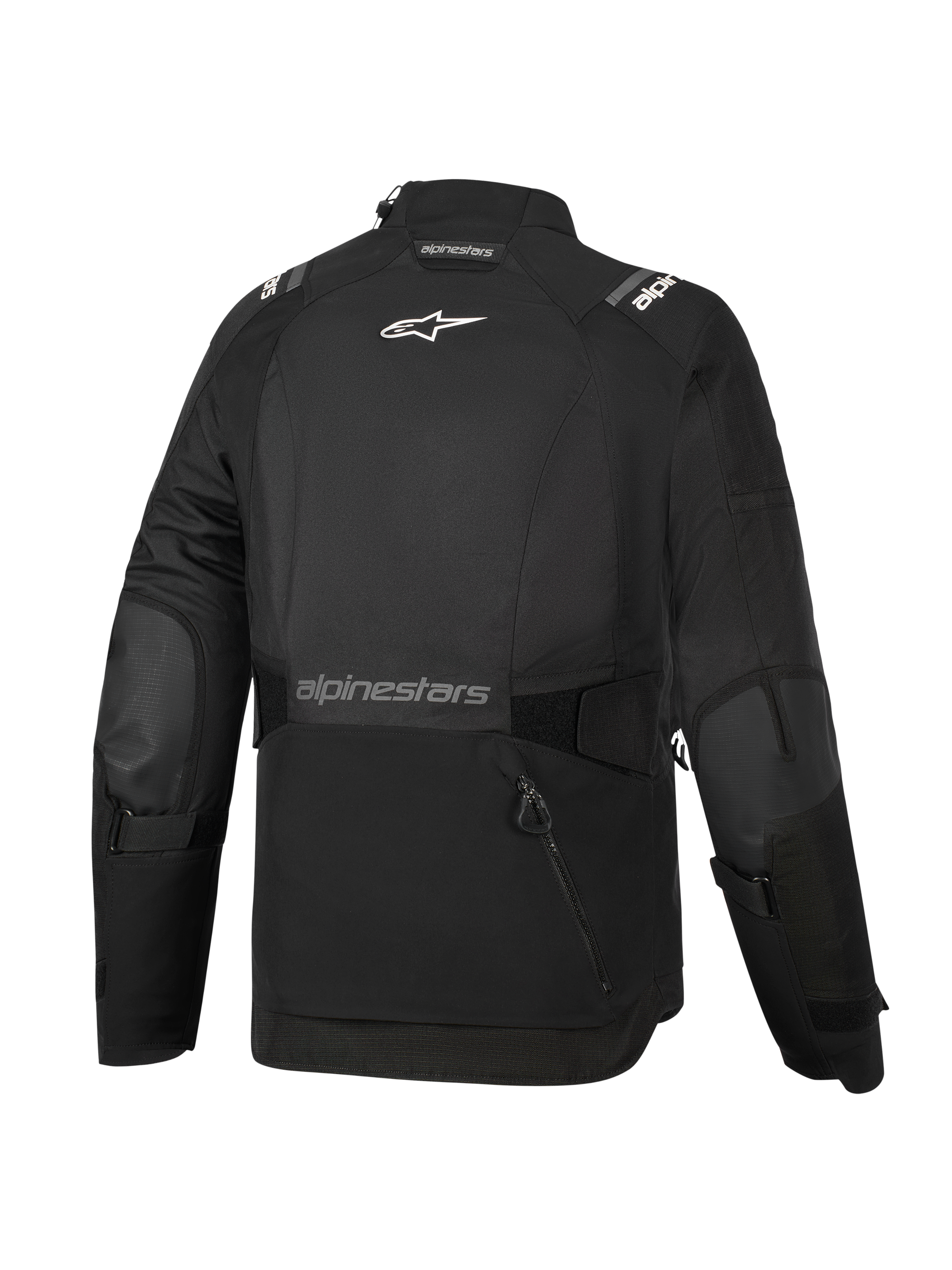 Casaco Alpinestars Stella Andes V4 Drystar® Feminino, preto, vista traseira, com um grande bolso de arrumação traseiro, logótipo Alpinestars branco na parte superior das costas e marca com texto na parte inferior das costas, correias de ajuste na cintura e nos braços, casaco de touring de aventura em têxtil durável