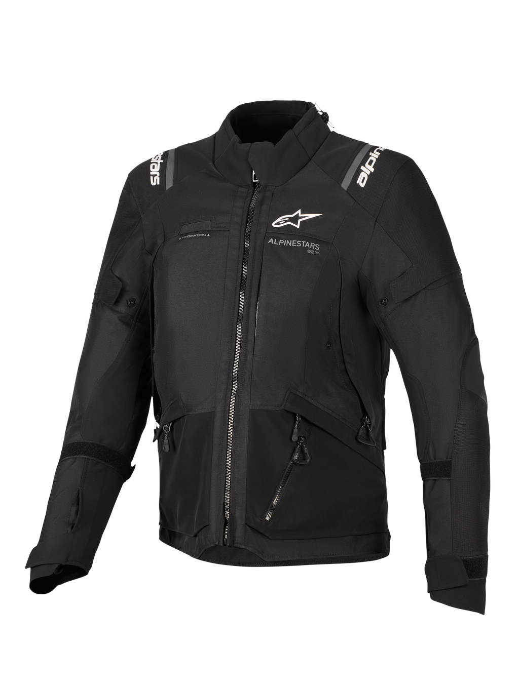 Casaco Alpinestars Stella Andes V4 Drystar®, casaco de motociclismo para mulher, preto, vista frontal com logótipos brancos no peito e ombros, design têxtil multi-painel com fechos de correr e detalhes refletores, estilo adventure-touring