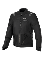Casaco Alpinestars Stella Andes V4 Drystar®, casaco de motociclismo para mulher, preto, vista frontal com logótipos brancos no peito e ombros, design têxtil multi-painel com fechos de correr e detalhes refletores, estilo adventure-touring