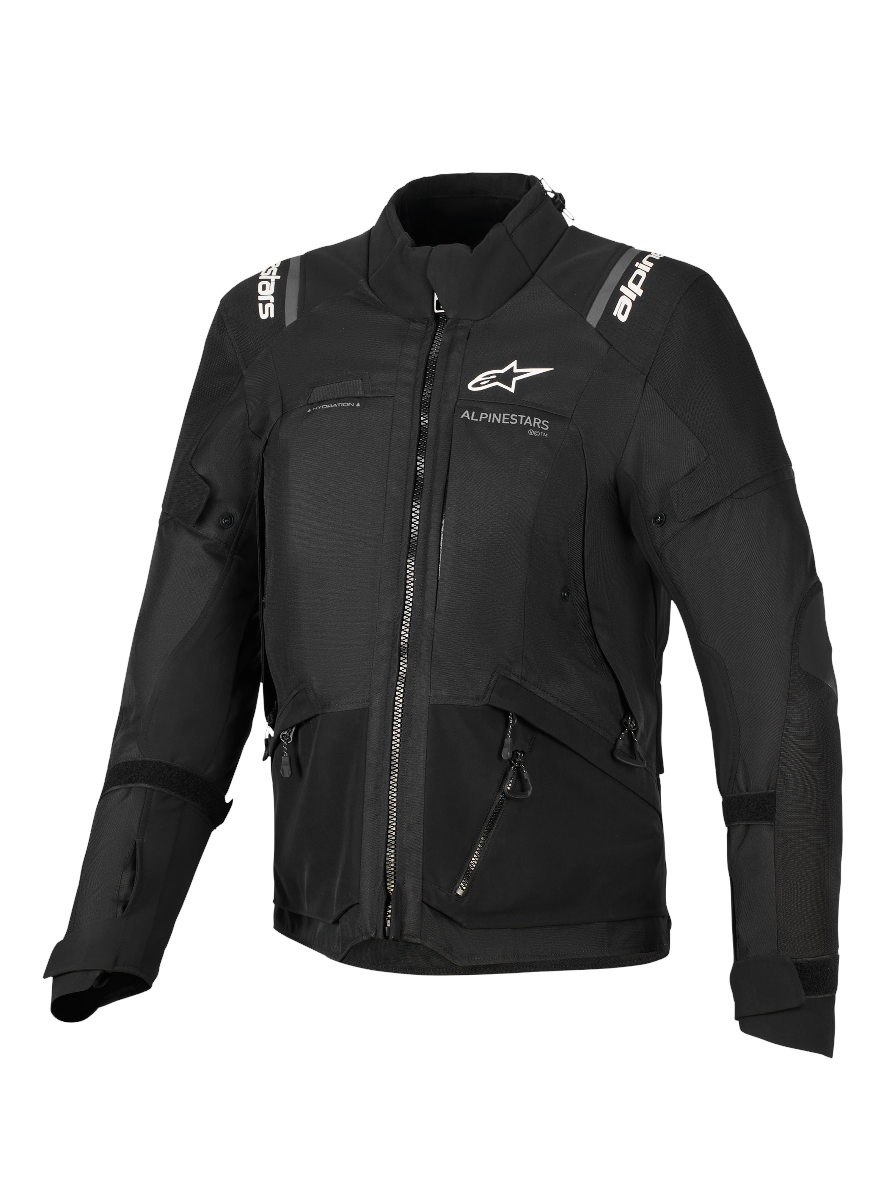 Casaco Alpinestars Stella Andes V4 Drystar®, casaco de motociclismo para mulher, preto, vista frontal com logótipos brancos no peito e ombros, design têxtil multi-painel com fechos de correr e detalhes refletores, estilo adventure-touring