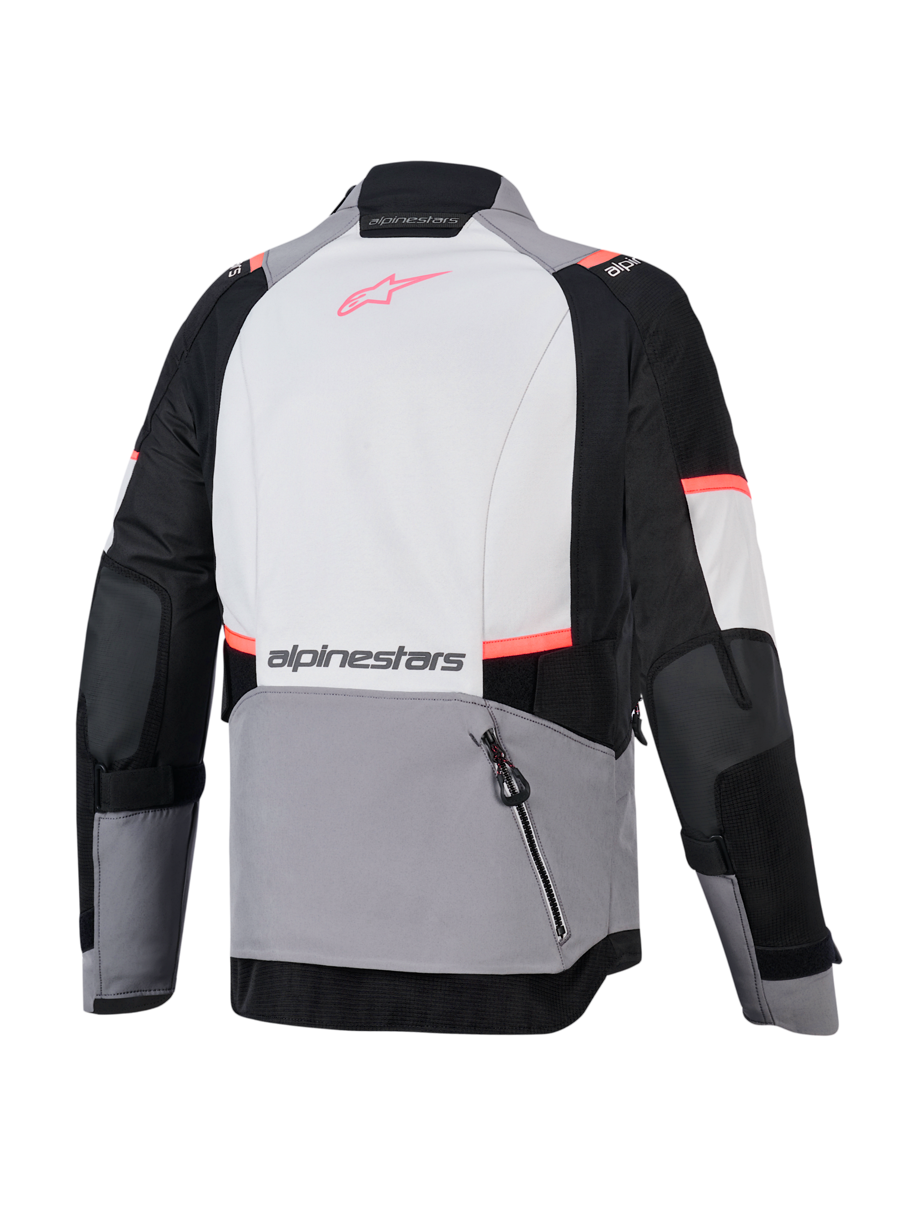 Alpinestars Stella Andes V4 Drystar, casaco de aventura para mulher, cinzento e preto, vista traseira com bolso posterior.