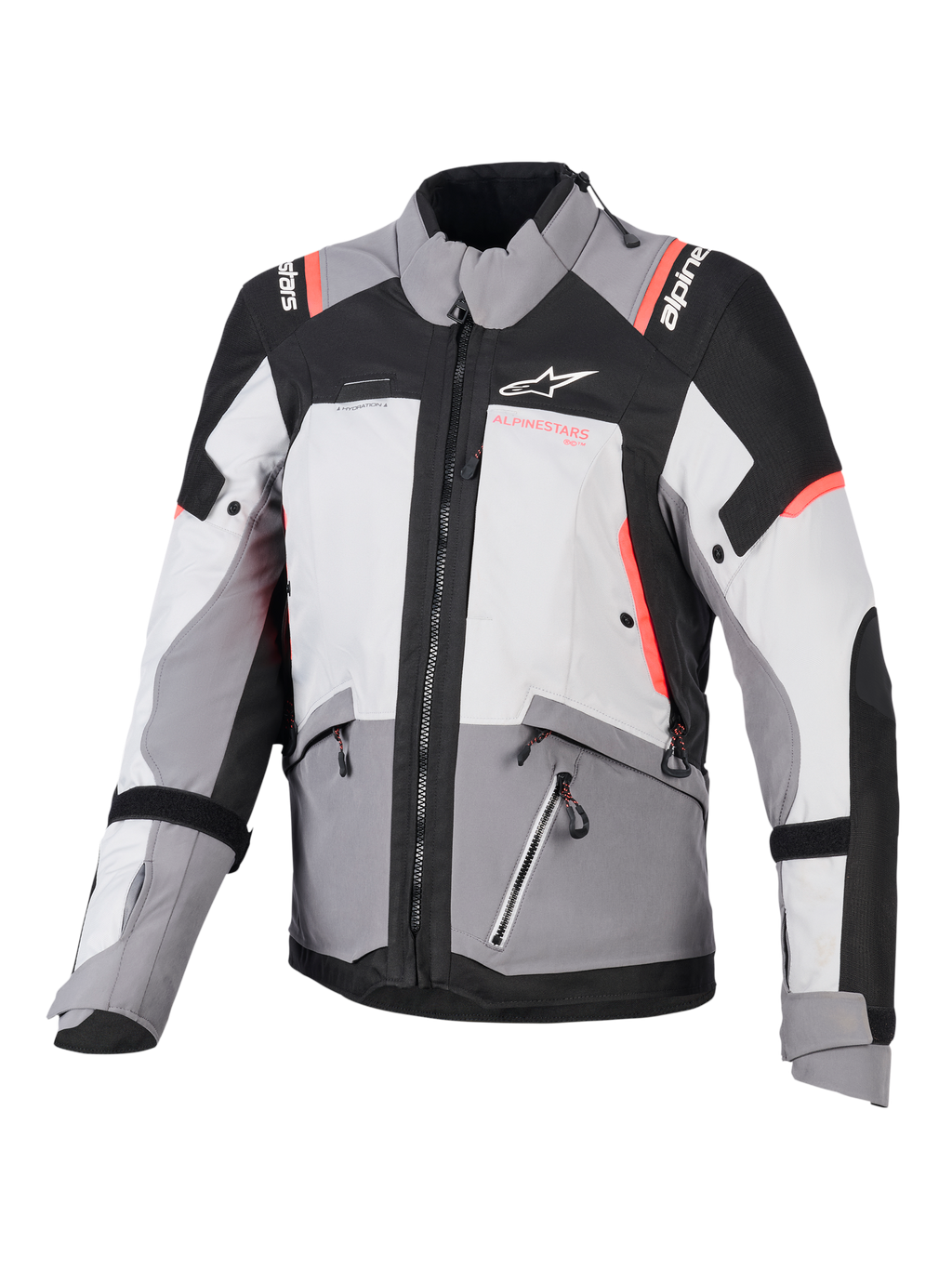 Alpinestars Stella Andes V4 Drystar®, casaco de moto para mulher, cinzento e preto, detalhes coral fluorescente, impermeável.