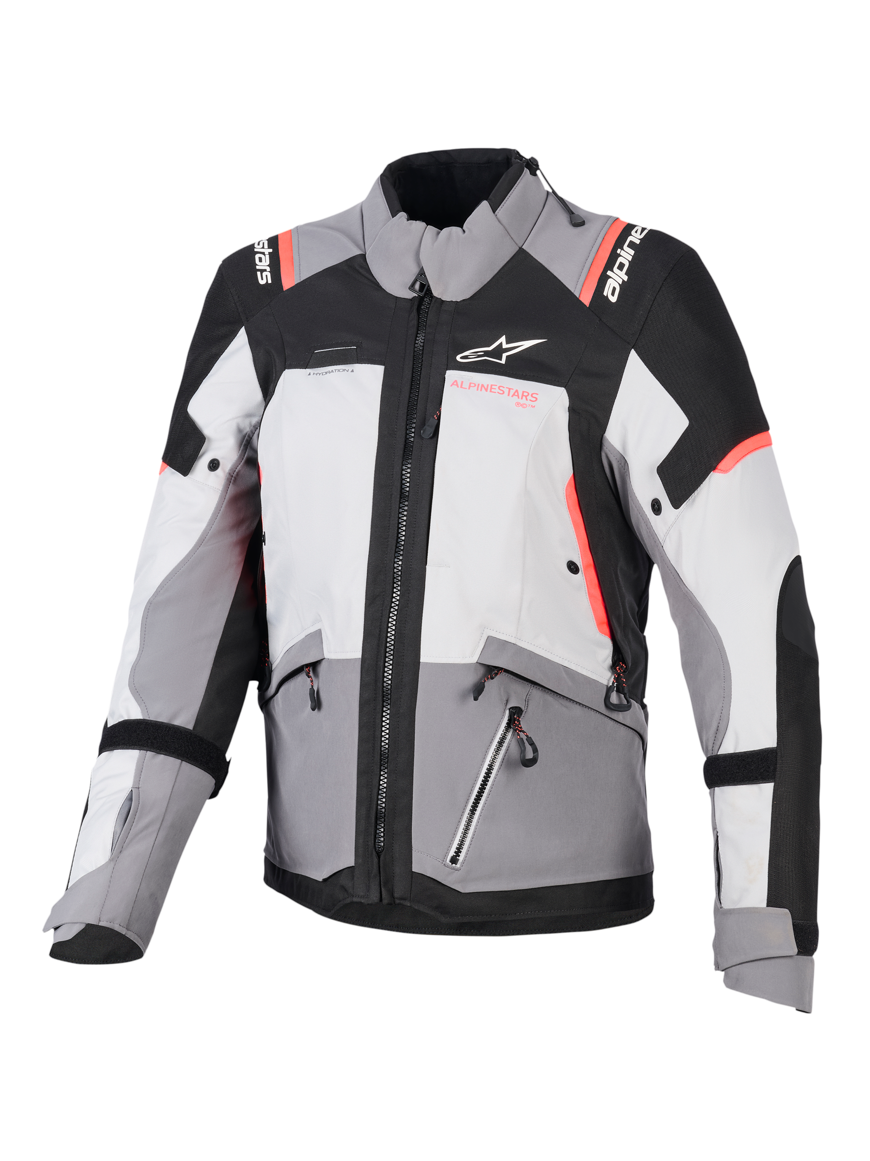 Alpinestars Stella Andes V4 Drystar®, casaco de moto para mulher, cinzento e preto, detalhes coral fluorescente, impermeável.