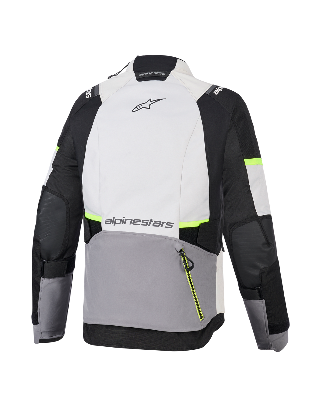 Casaco Alpinestars Stella Andes V4 Drystar®, casaco de motociclismo de aventura para mulher, cinzento gelo, cinzento escuro e preto com detalhes em amarelo fluorescente, vista traseira com grande bolso posterior e logótipo Alpinestars