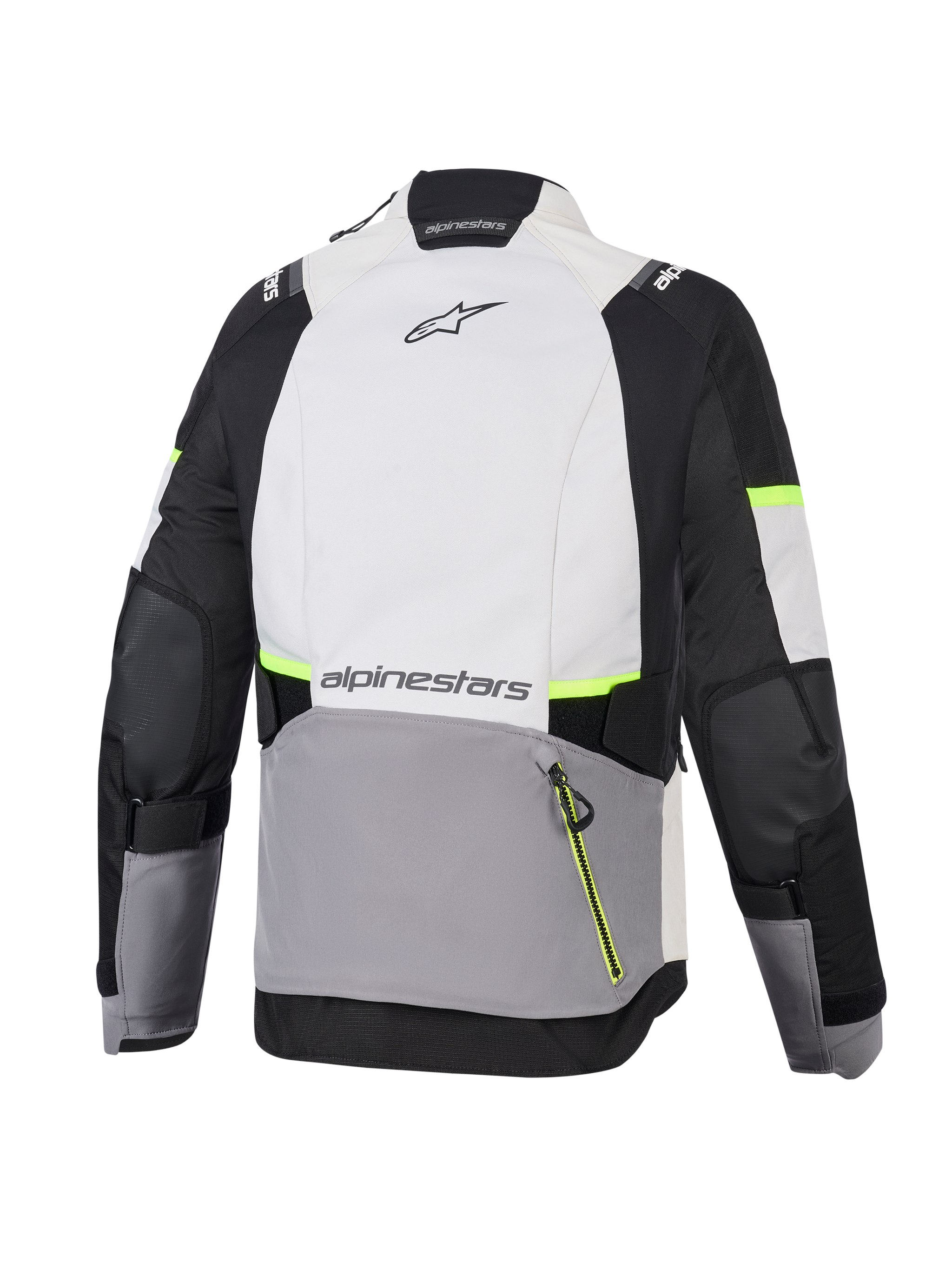 Alpinestars Stella Andes V4 Drystar® Jacket, Women's Adventure Motorcycle Jacket, Ice Gray, Dark Gray, and Black with Yellow Fluo accents, back view showing large rear pocket and Alpinestars branding