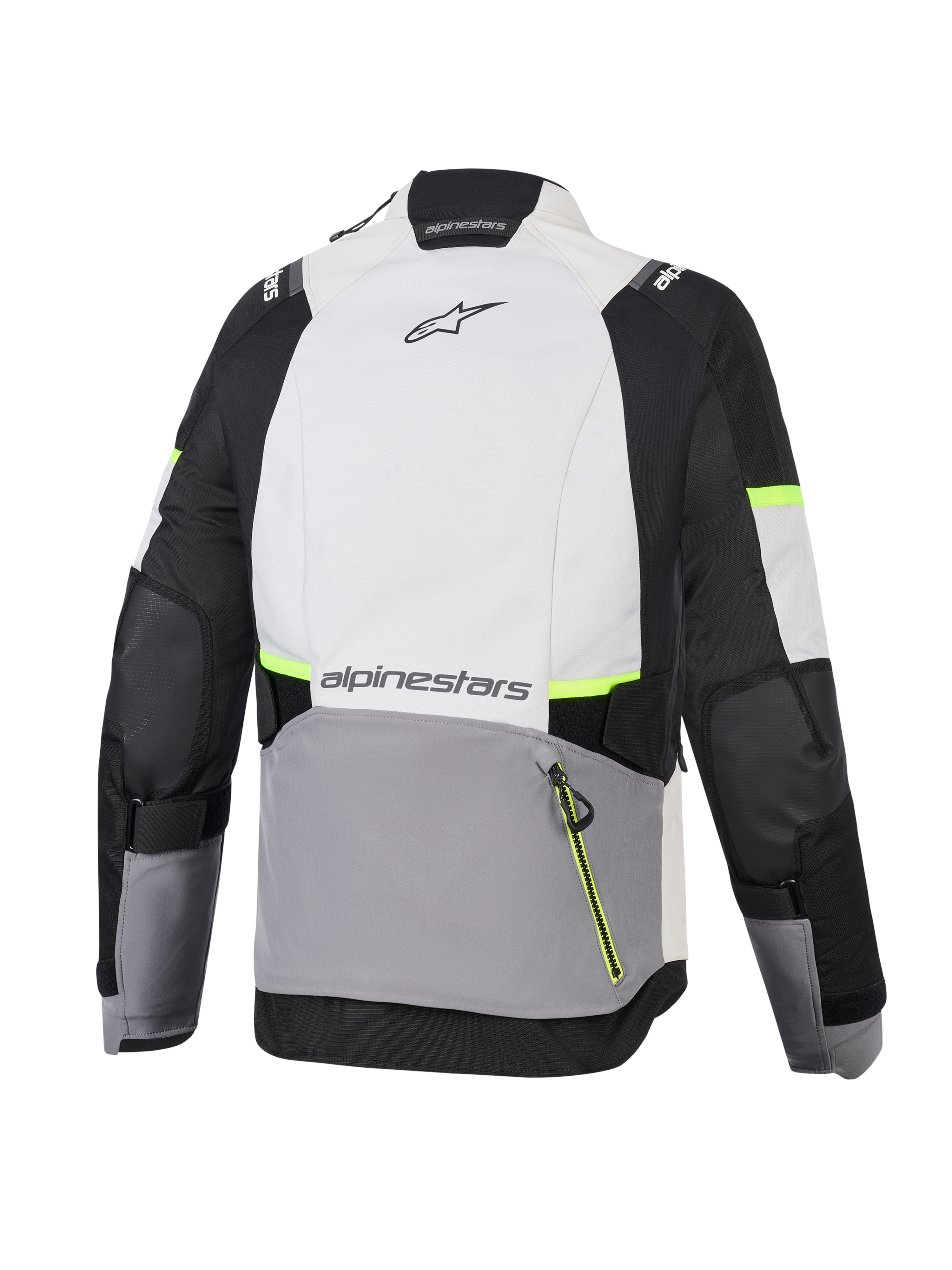 Casaco Alpinestars Stella Andes V4 Drystar®, casaco de motociclismo de aventura para mulher, cinzento gelo, cinzento escuro e preto com detalhes em amarelo fluorescente, vista traseira com grande bolso posterior e logótipo Alpinestars