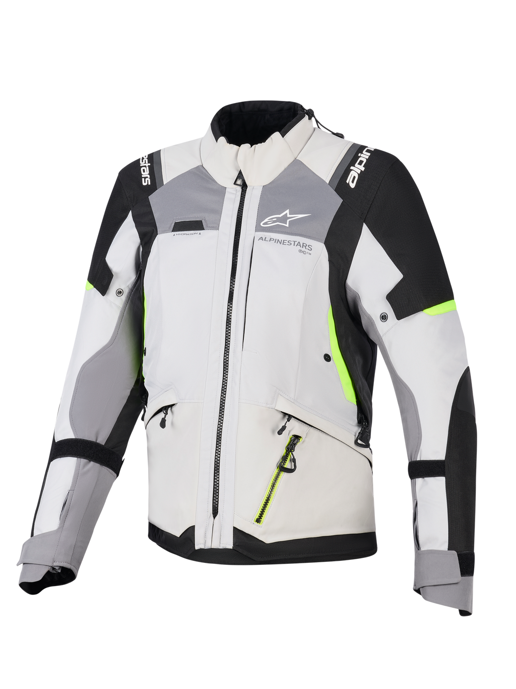 Casaco Alpinestars Stella Andes V4 Drystar® para Mulher, casaco de aventura e turismo para mulher, cinza gelo e cinza escuro com detalhes em preto e amarelo néon, construção têxtil durável com fechos de correr impermeáveis e logótipo Alpinestars, vista frontal