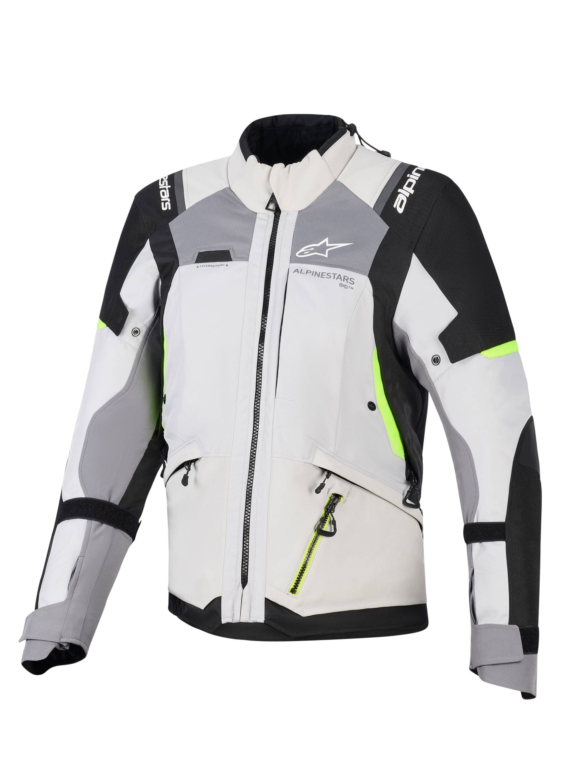Alpinestars Woman Stella Andes V4 Drystar® Jacket, Women's Adventure Touring Jacket, Ice Gray and Dark Gray with Black and Yellow Fluo accents, durable textile construction with waterproof zippers and Alpinestars branding, front view
