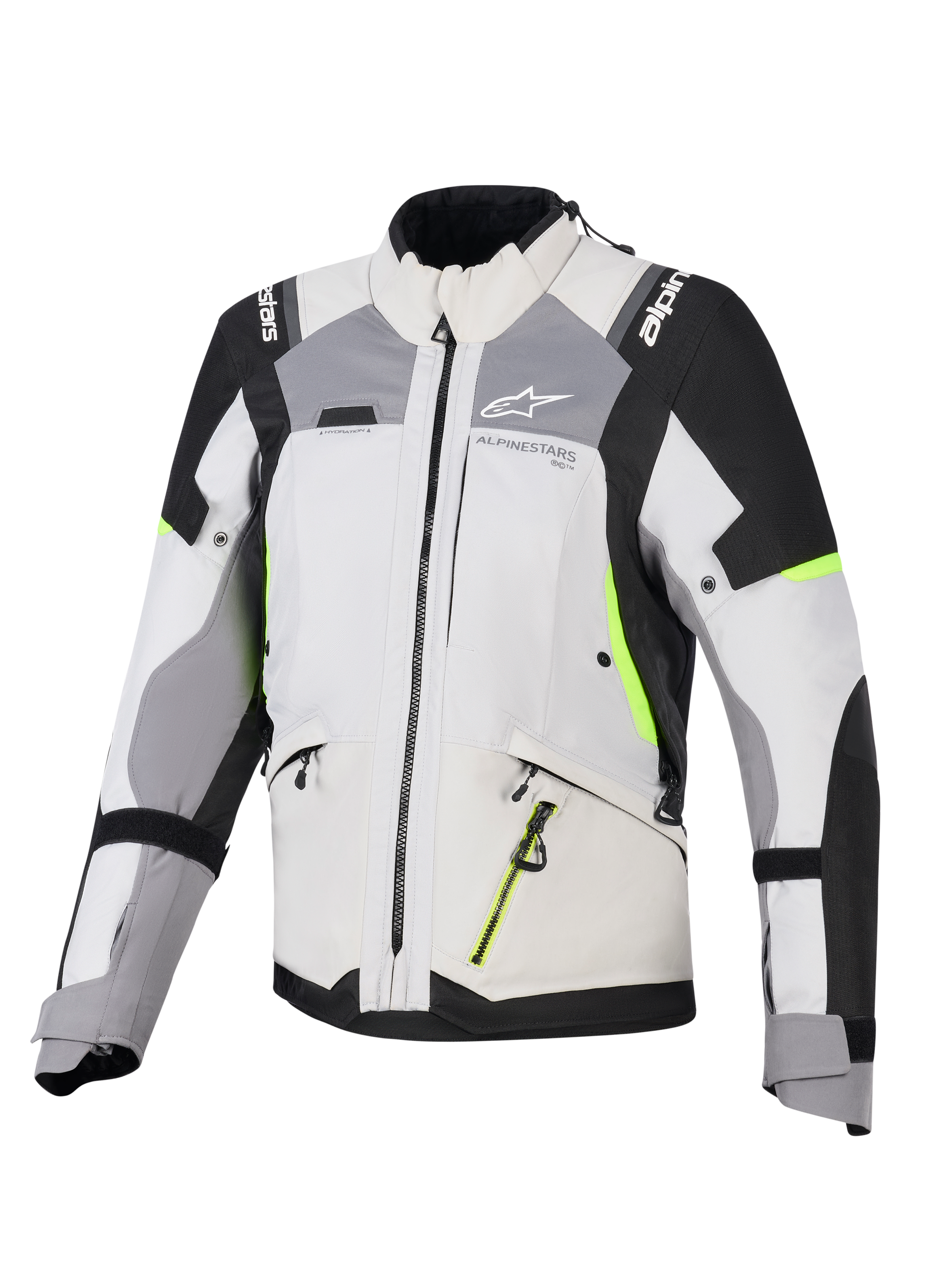 Casaco Alpinestars Stella Andes V4 Drystar® para Mulher, casaco de aventura e turismo para mulher, cinza gelo e cinza escuro com detalhes em preto e amarelo néon, construção têxtil durável com fechos de correr impermeáveis e logótipo Alpinestars, vista frontal