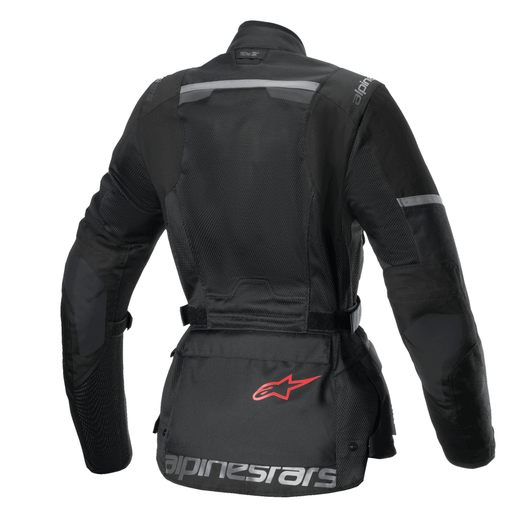 Jaqueta Stella Andes Air Drystar®, casaco de moto touring para mulher, vista traseira, preto, com painéis de malha extensíveis, reforços ripstop e bolsa de armazenamento na zona lombar com logótipo vermelho
