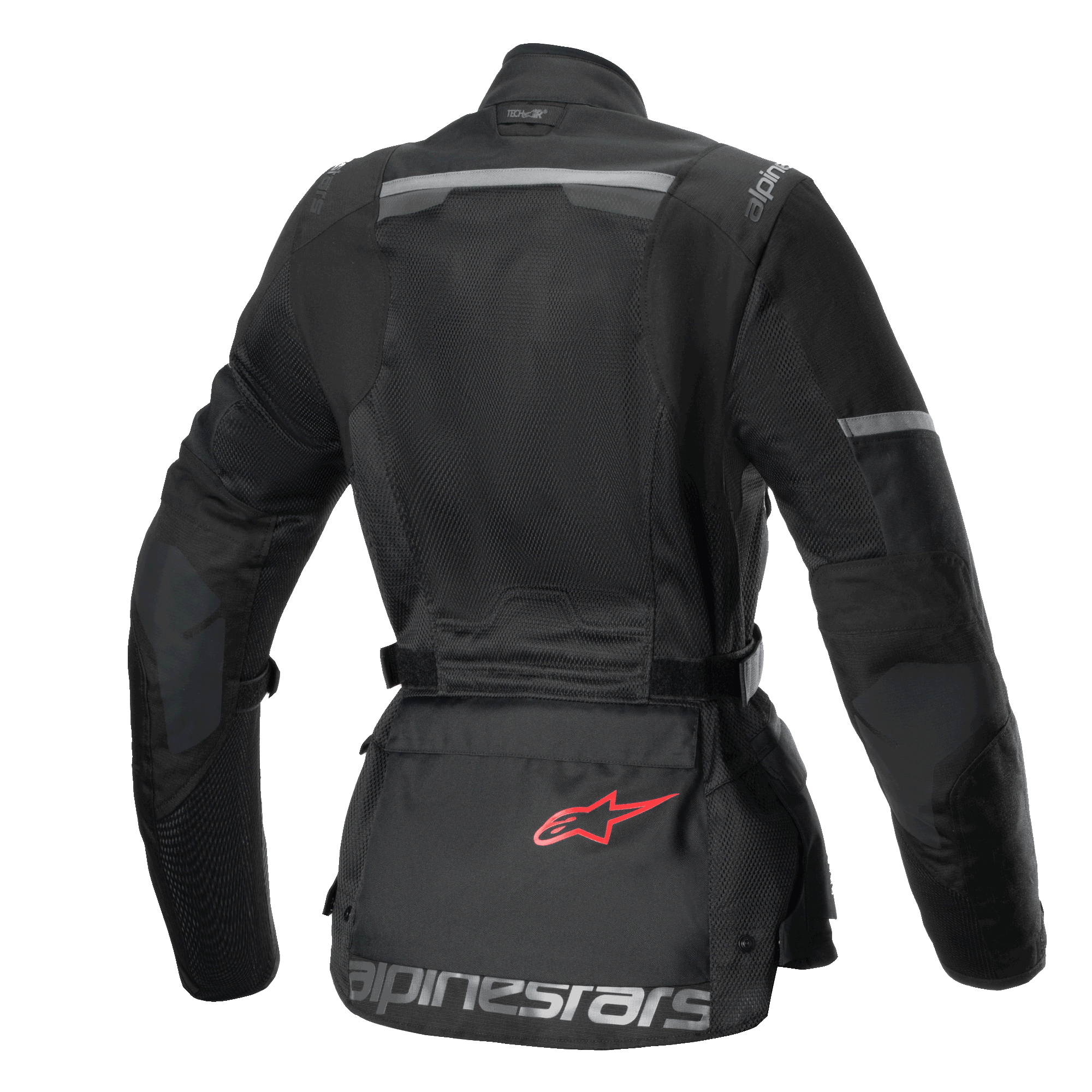 Jaqueta Stella Andes Air Drystar®, casaco de moto touring para mulher, vista traseira, preto, com painéis de malha extensíveis, reforços ripstop e bolsa de armazenamento na zona lombar com logótipo vermelho
