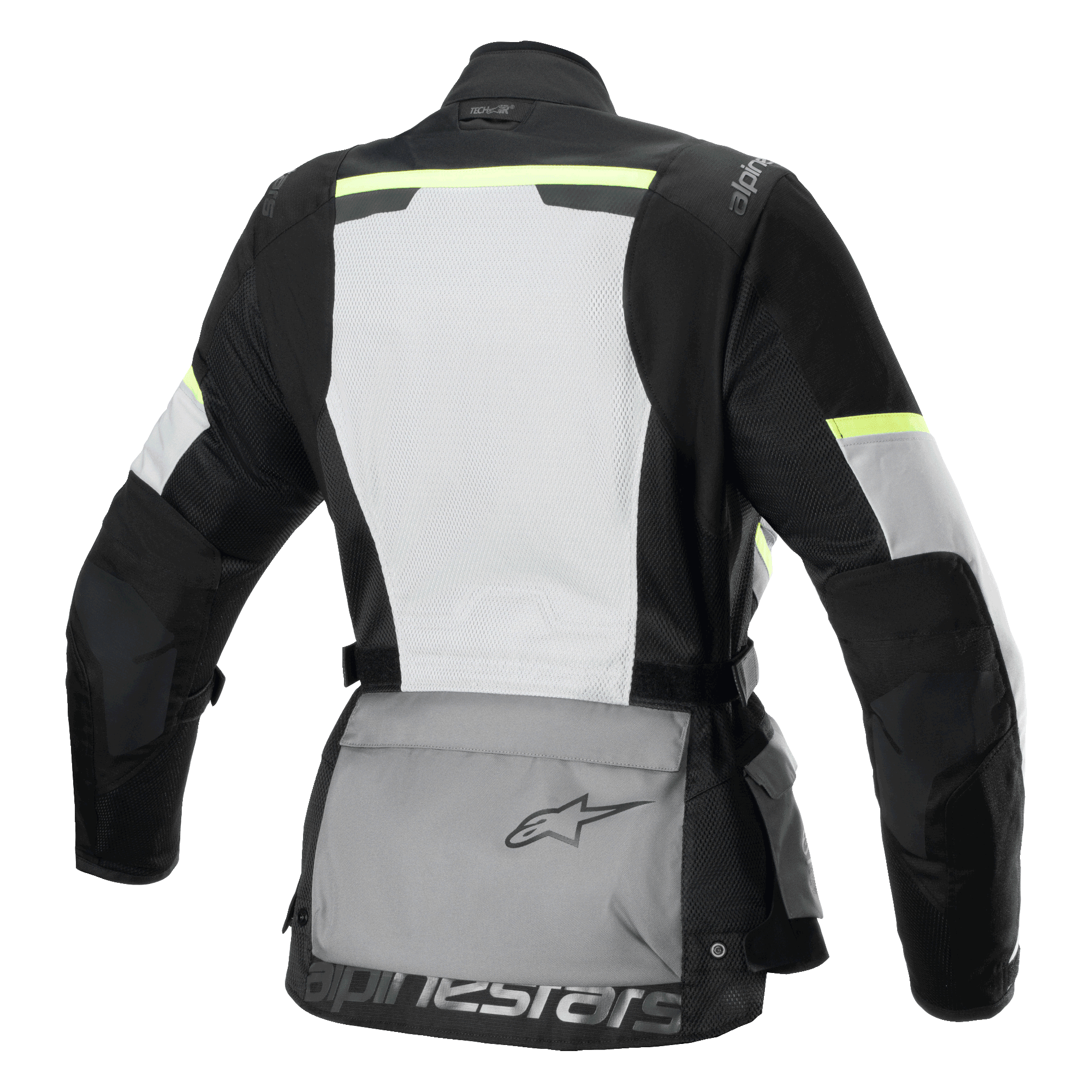 Alpinestars Stella Andes Air Drystar® Jacket, casaco de turismo de motociclismo para mulher, vista traseira, cinzento gelo, cinzento escuro e preto, com um grande painel traseiro em malha branca, bolsa de armazenamento traseira cinzenta com logótipo, detalhes em amarelo de alta visibilidade e construção em têxtil para fluxo de ar e proteção.