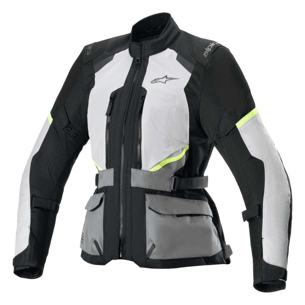 Alpinestars Stella Andes Air Drystar Jacket, casaco de touring para mulher, cinzento gelo e cinzento escuro com detalhes em preto e amarelo néon, amplos painéis de ventilação em malha, bolsos utilitários frontais e correias de ajuste na cintura, design técnico de touring