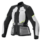 Alpinestars Stella Andes Air Drystar Jacket, casaco de touring para mulher, cinzento gelo e cinzento escuro com detalhes em preto e amarelo néon, amplos painéis de ventilação em malha, bolsos utilitários frontais e correias de ajuste na cintura, design técnico de touring