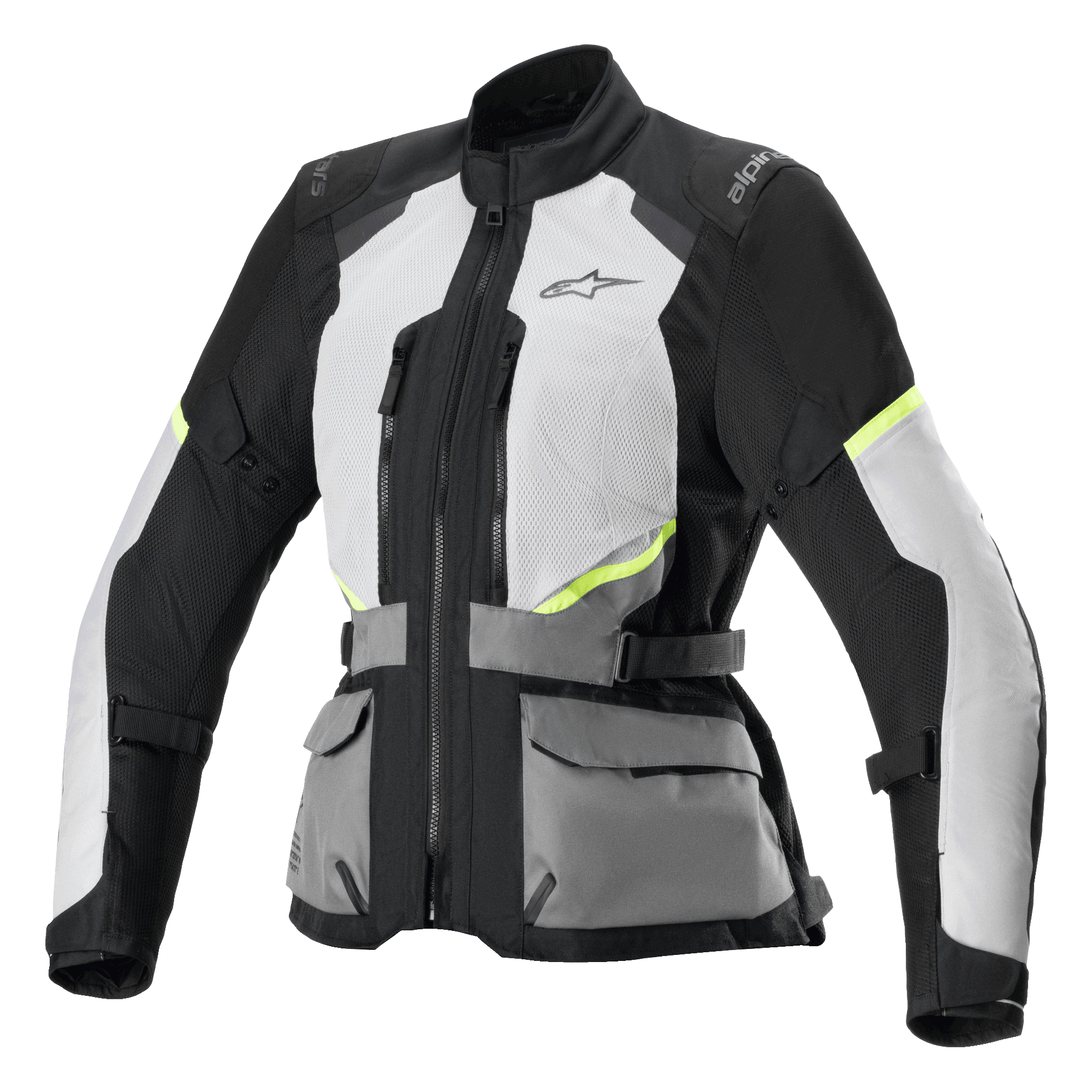 Alpinestars Stella Andes Air Drystar Jacket, casaco de touring para mulher, cinzento gelo e cinzento escuro com detalhes em preto e amarelo néon, amplos painéis de ventilação em malha, bolsos utilitários frontais e correias de ajuste na cintura, design técnico de touring