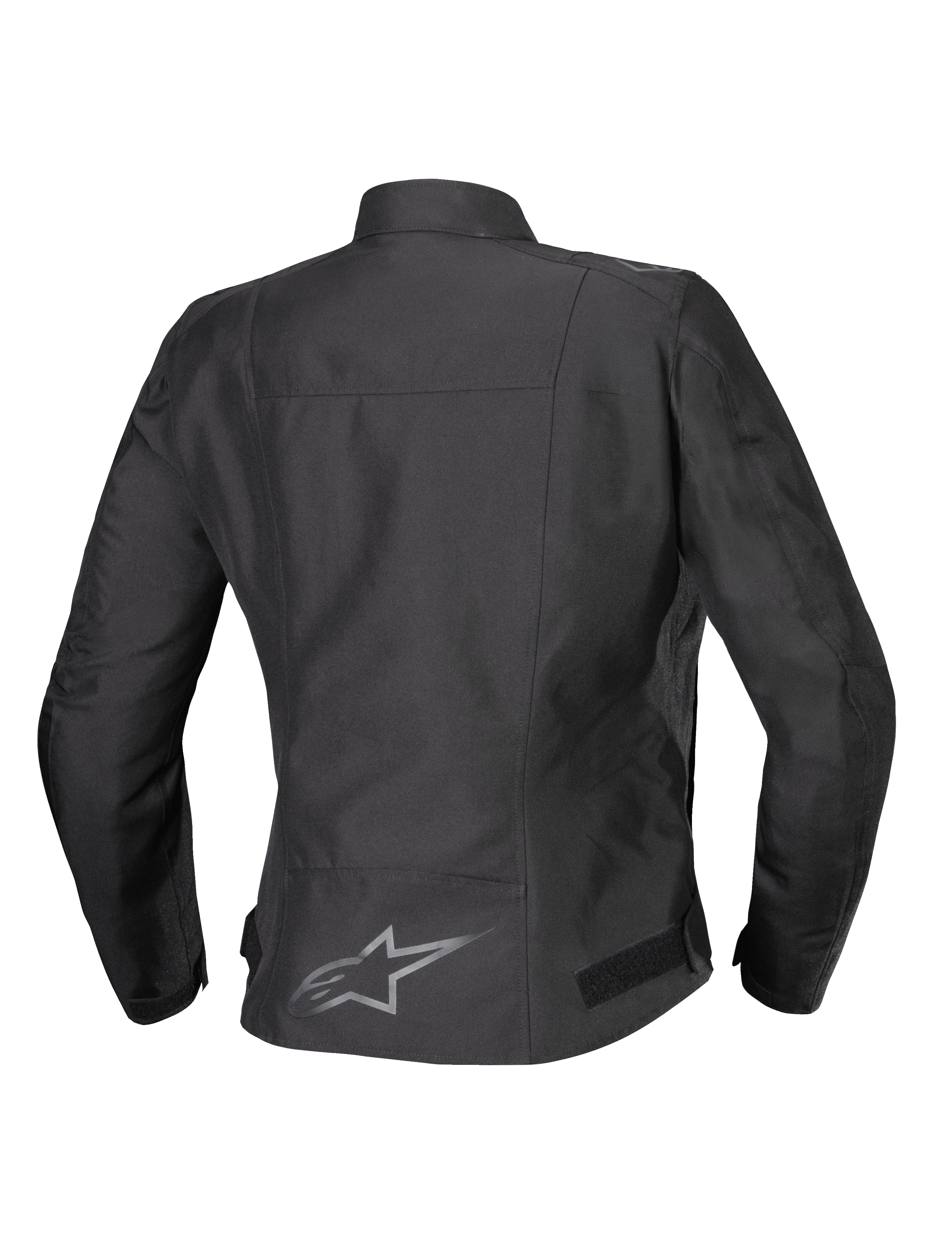 Alpinestars Stella T-SPS V2 Waterproof Jacket, Back View, Black, women's textile motorcycle jacket featuring a reflective logo on the lower back and a sport-contoured silhouette