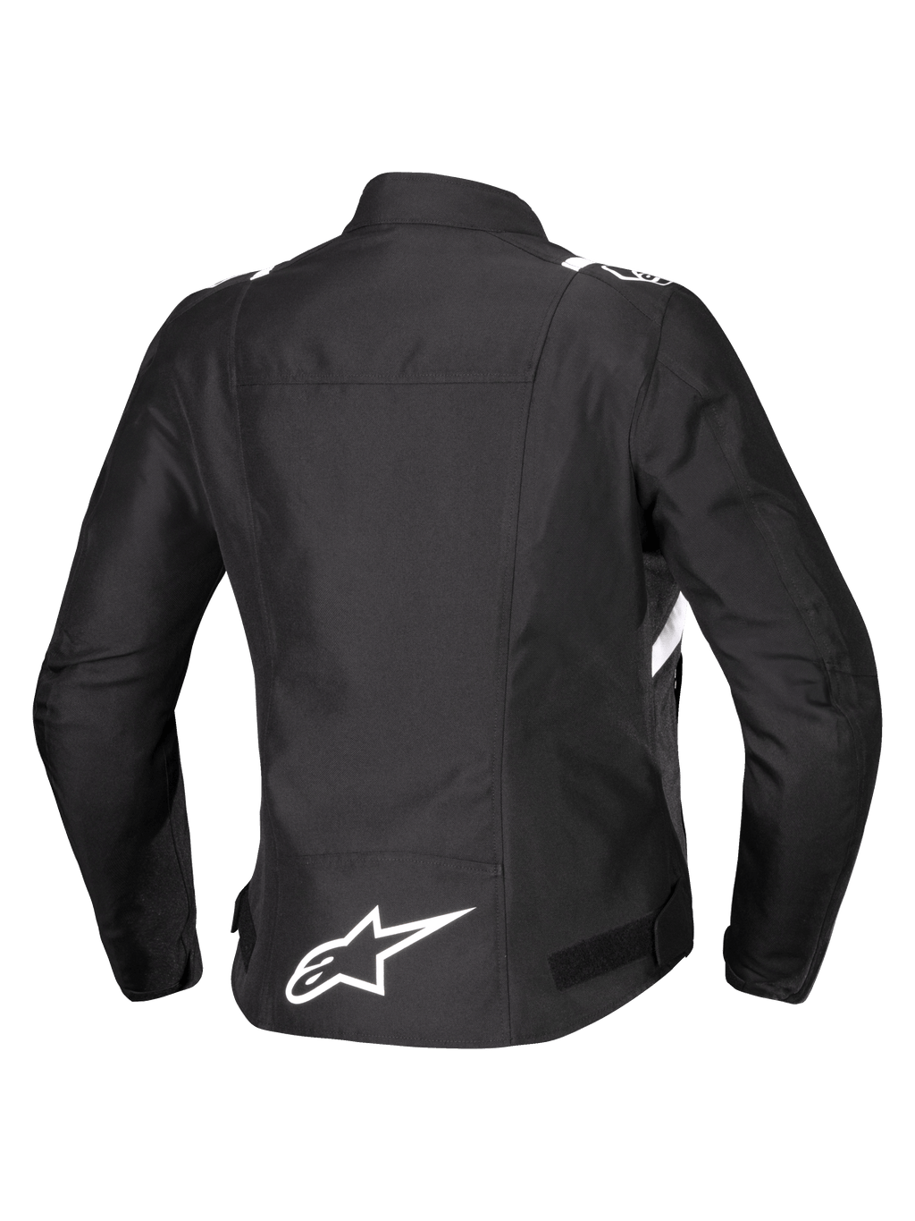 Alpinestars Stella T-SPS V2 Waterproof Jacket, vista traseira, casaco de motociclismo têxtil para mulher, preto com detalhes brancos, logótipo da estrela Alpinestars em branco na parte inferior das costas e silhueta desportiva inspirada na competição