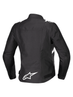 Alpinestars Stella T-SPS V2 Waterproof Jacket, vista traseira, casaco de motociclismo têxtil para mulher, preto com detalhes brancos, logótipo da estrela Alpinestars em branco na parte inferior das costas e silhueta desportiva inspirada na competição