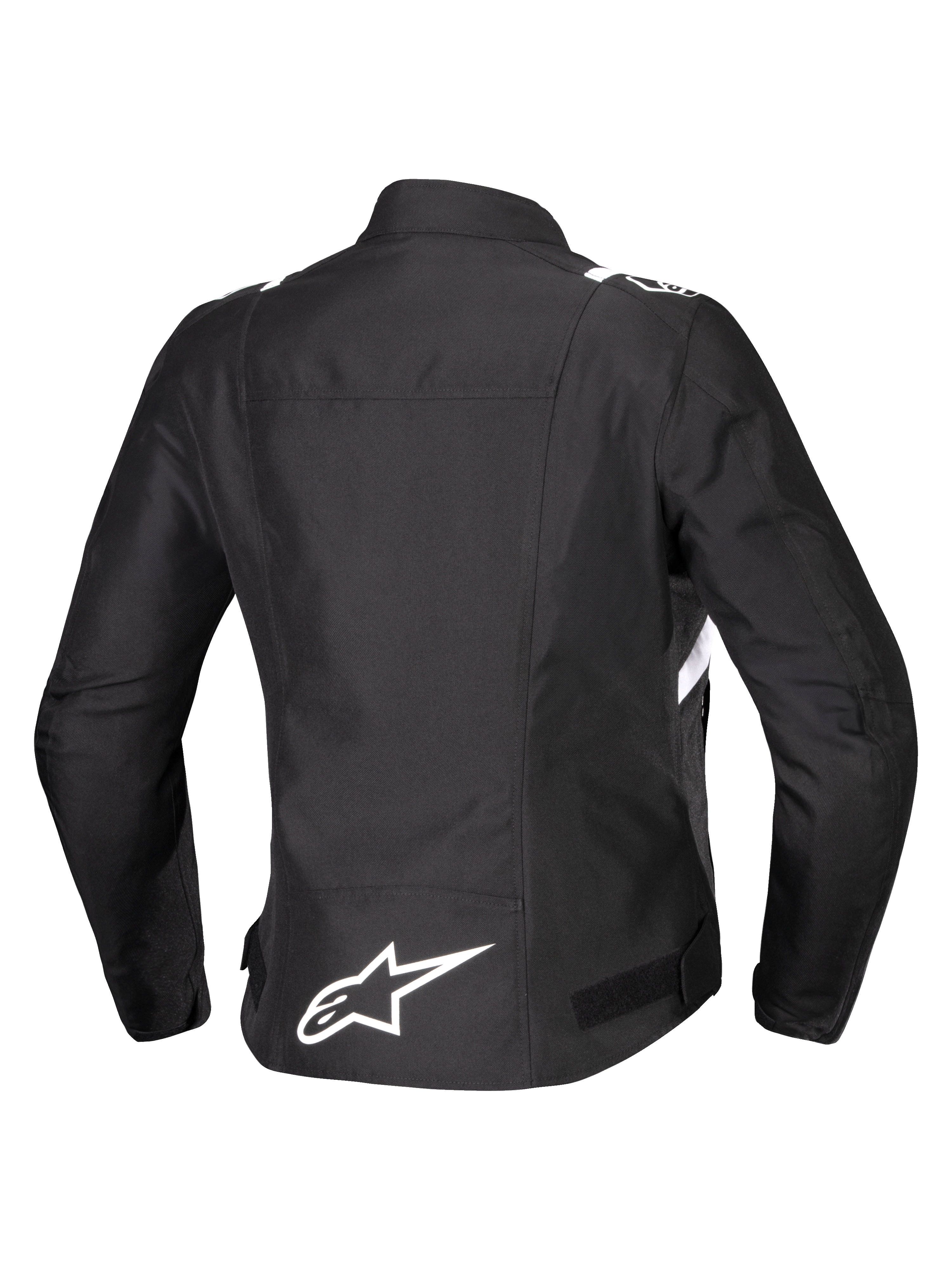 Alpinestars Stella T-SPS V2 Waterproof Jacket, vista traseira, casaco de motociclismo têxtil para mulher, preto com detalhes brancos, logótipo da estrela Alpinestars em branco na parte inferior das costas e silhueta desportiva inspirada na competição