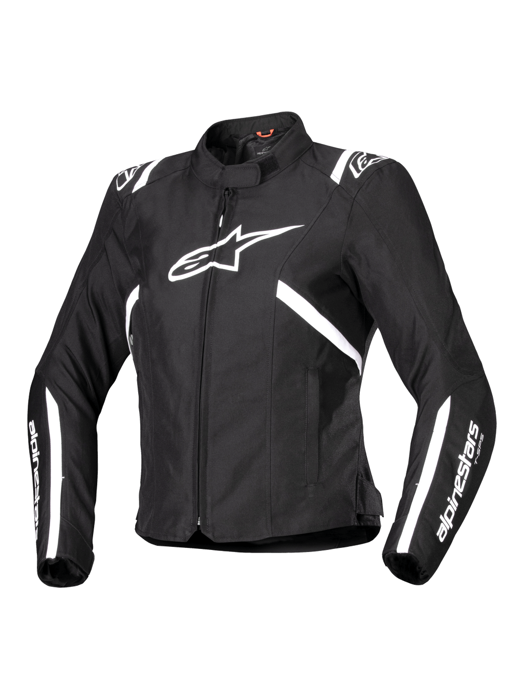 Alpinestars Stella T-SPS V2 Waterproof Jacket, casaco de motociclismo para mulher, preto e branco, com um grande logótipo de estrela branco no peito, riscas brancas nos ombros e mangas, silhueta elegante inspirada na competição, gola alta e tecido têxtil durável