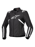 Alpinestars Stella T-SPS V2 Waterproof Jacket, casaco de motociclismo para mulher, preto e branco, com um grande logótipo de estrela branco no peito, riscas brancas nos ombros e mangas, silhueta elegante inspirada na competição, gola alta e tecido têxtil durável