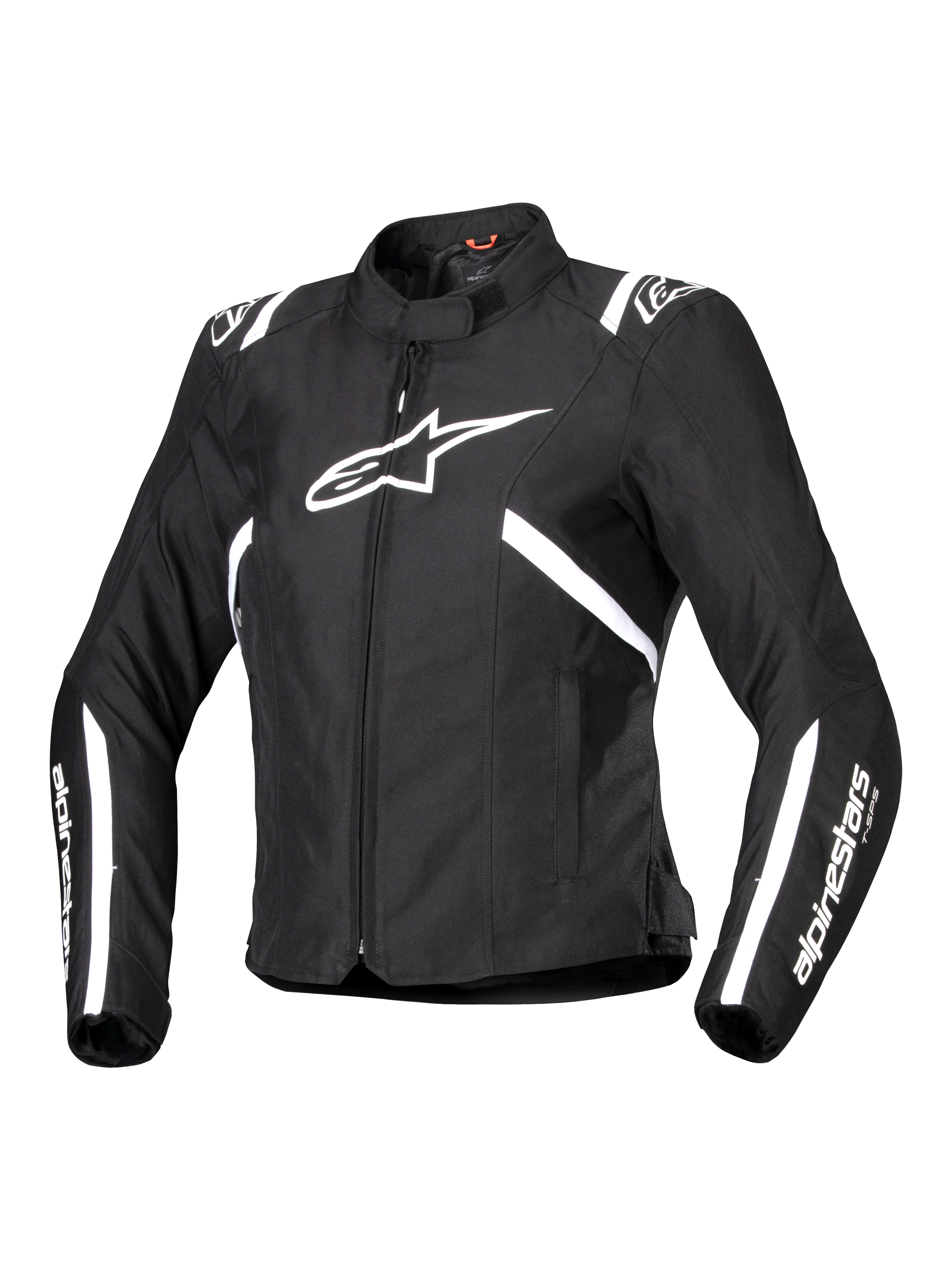 Alpinestars Stella T-SPS V2 Waterproof Jacket, casaco de motociclismo para mulher, preto e branco, com um grande logótipo de estrela branco no peito, riscas brancas nos ombros e mangas, silhueta elegante inspirada na competição, gola alta e tecido têxtil durável