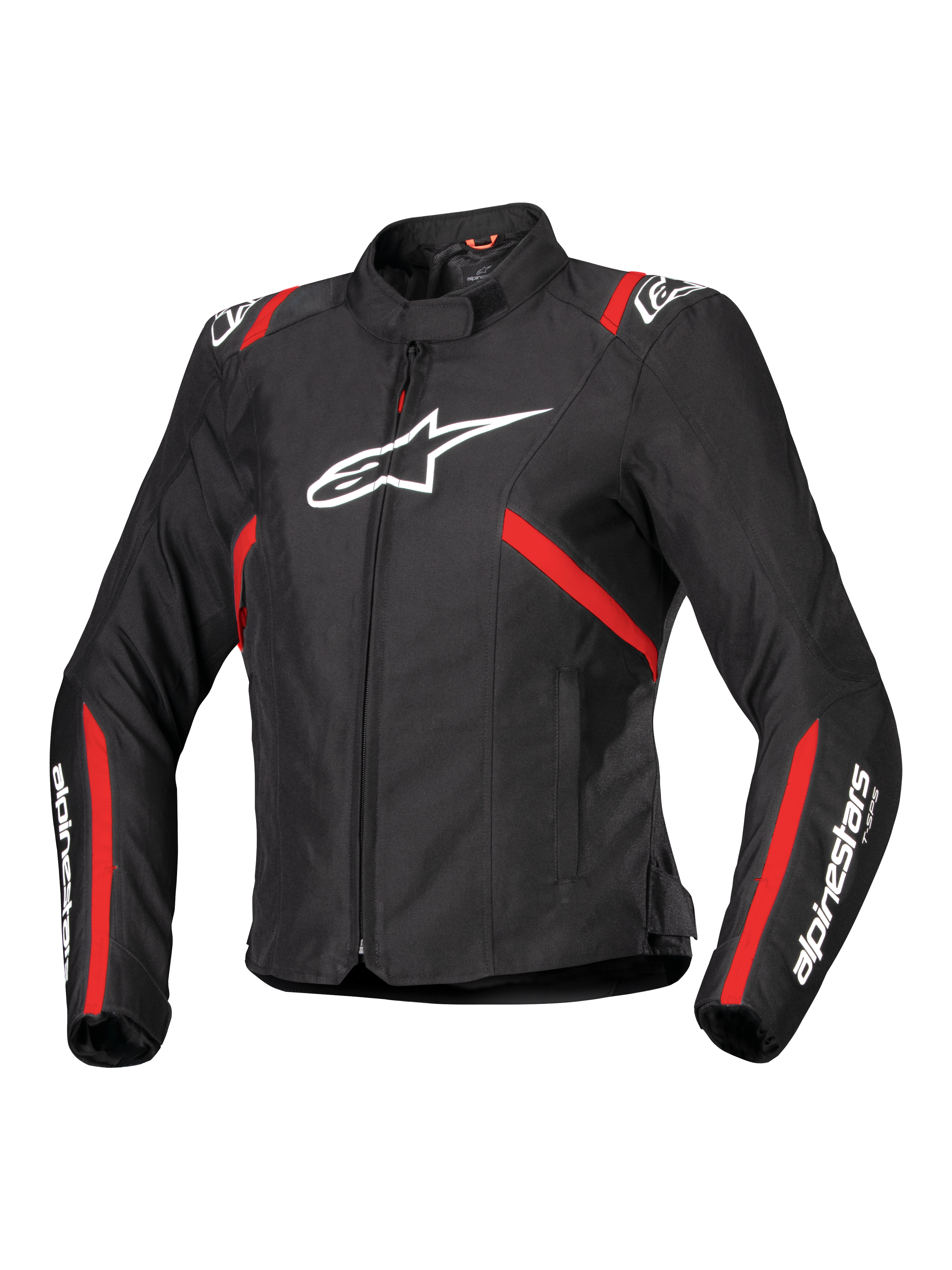 Alpinestars Stella T-SPS V2 Waterproof Jacket, Women's Sport Motorcycle Jacket, Black with Red Stripes and White Logos, race-inspired fitted design, featuring a high collar and front zipper