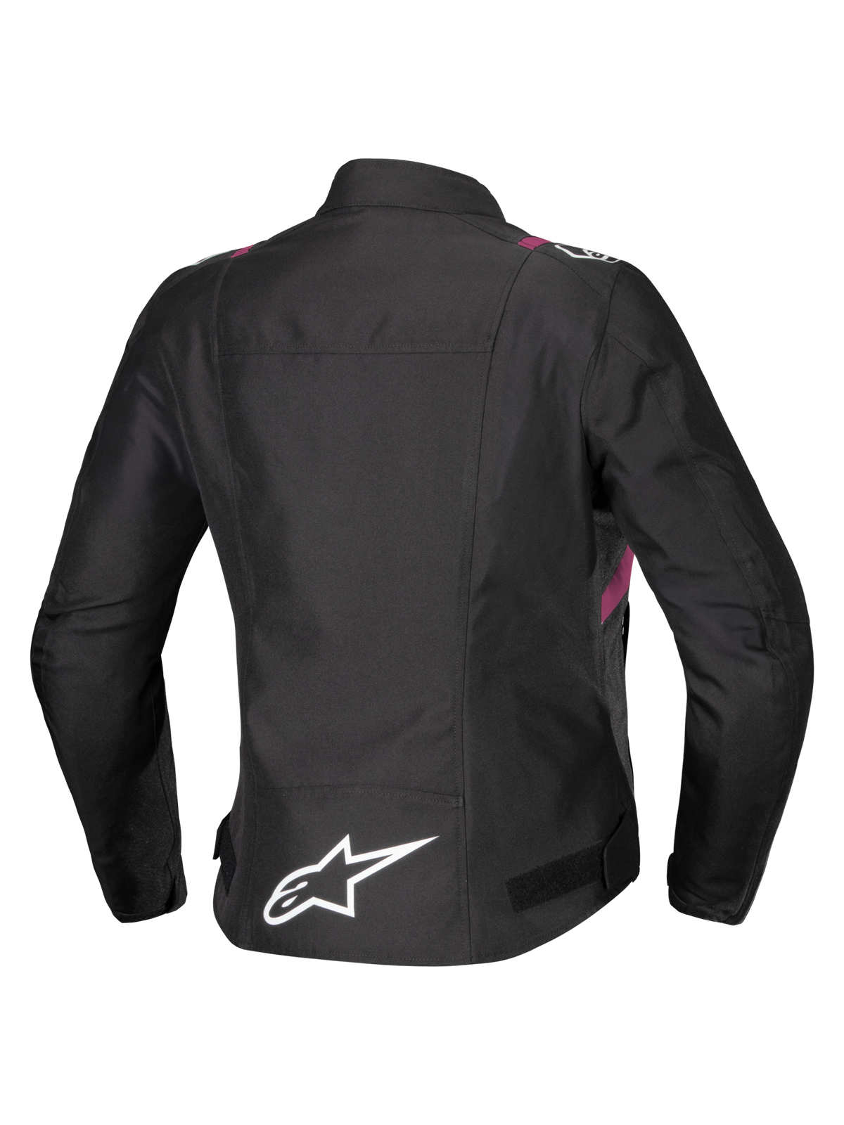 Casaco impermeável Alpinestars Stella T-SPS V2, casaco de motociclismo para mulher, preto com detalhes em branco e Diva Pink, vista traseira com o logótipo da estrela branco na zona lombar, silhueta de inspiração desportiva com acabamento têxtil durável