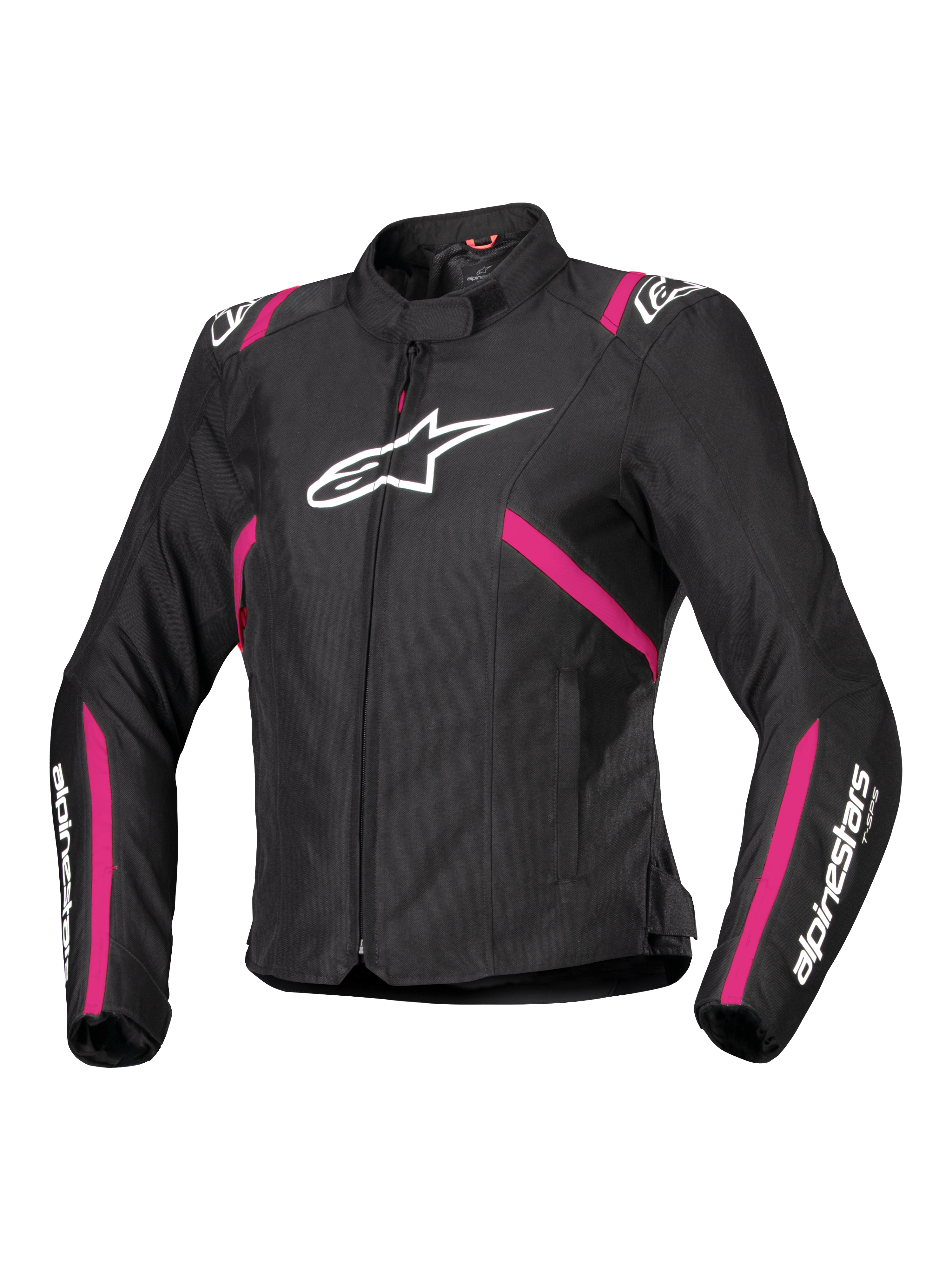 Alpinestars Stella T-SPS V2 Waterproof Jacket, casaco de motociclismo têxtil para mulher, preto com detalhes em cor-de-rosa Diva e branco, apresenta um logótipo Alpinestars branco grande no peito, riscas cor-de-rosa no tronco e nas mangas, marca branca nos antebraços, design desportivo e ajustado para todas as condições climatéricas