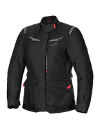 Alpinestars Stella ST-1 Waterproof Jacket, Women's Motorcycle Touring Jacket, Black with Red Accents, High Collar, Front Zipper, Large Waist Cargo Pockets, Adjustable Waist and Cuff Straps, Weather-Resistant Construction