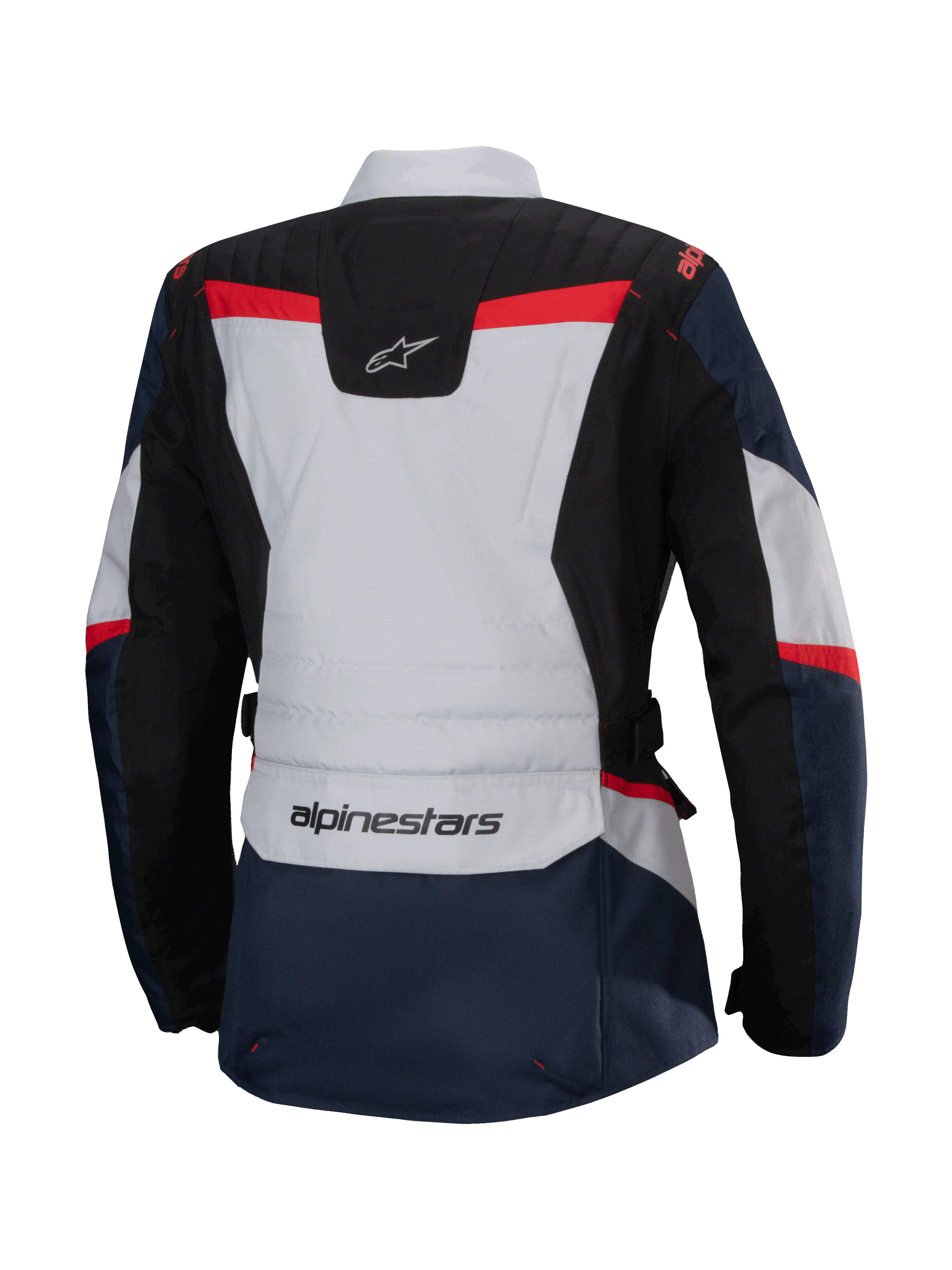 Alpinestars Stella ST-1 Waterproof Jacket, vista traseira, azul escuro e preto com detalhes em cinzento claro e vermelho vivo, casaco de aventura touring para mulher com a marca Alpinestars e construção ergonómica.