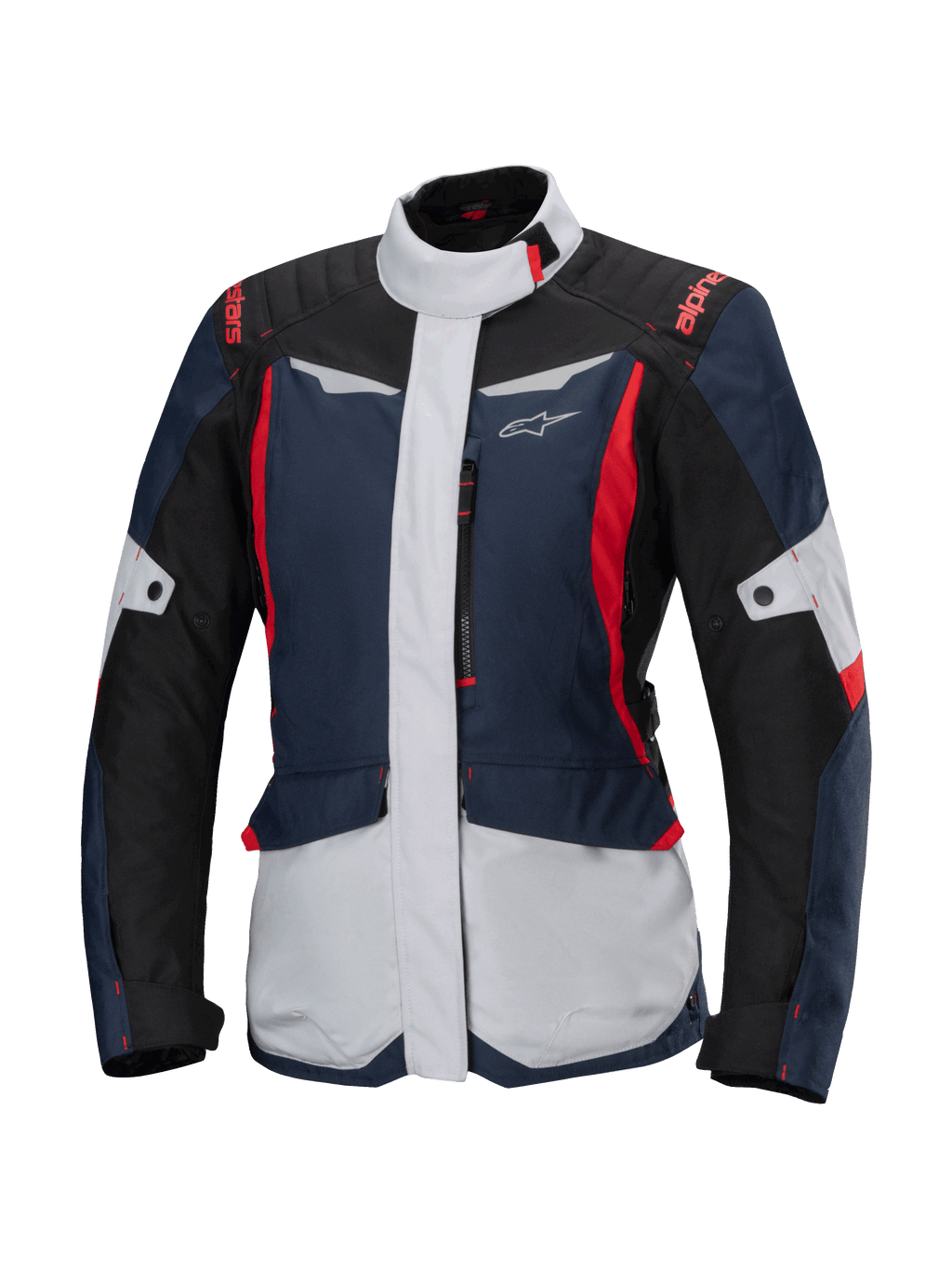 Alpinestars Stella ST-1 Waterproof Jacket, casaco de motociclismo touring para mulher, azul-escuro, preto e vermelho vivo, com painéis cinzento-claro, gola alta, fecho frontal e design inspirado em aventura com formas angulares e bolsos de carga