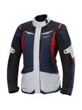 Alpinestars Stella ST-1 Waterproof Jacket, casaco de motociclismo touring para mulher, azul-escuro, preto e vermelho vivo, com painéis cinzento-claro, gola alta, fecho frontal e design inspirado em aventura com formas angulares e bolsos de carga