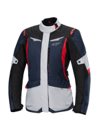 Alpinestars Stella ST-1 Waterproof Jacket, casaco de motociclismo touring para mulher, azul-escuro, preto e vermelho vivo, com painéis cinzento-claro, gola alta, fecho frontal e design inspirado em aventura com formas angulares e bolsos de carga
