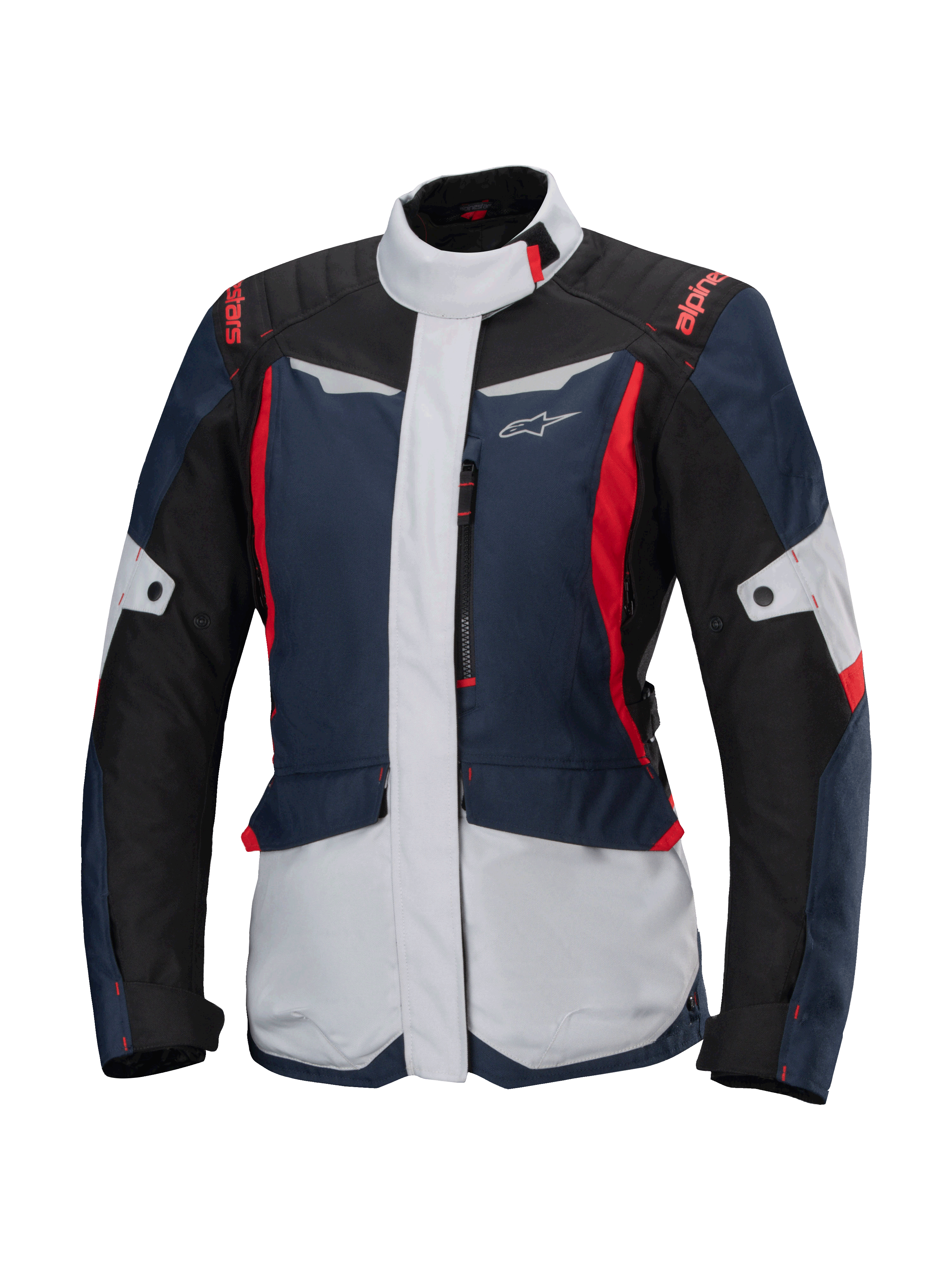 Alpinestars Stella ST-1 Waterproof Jacket, casaco de motociclismo touring para mulher, azul-escuro, preto e vermelho vivo, com painéis cinzento-claro, gola alta, fecho frontal e design inspirado em aventura com formas angulares e bolsos de carga
