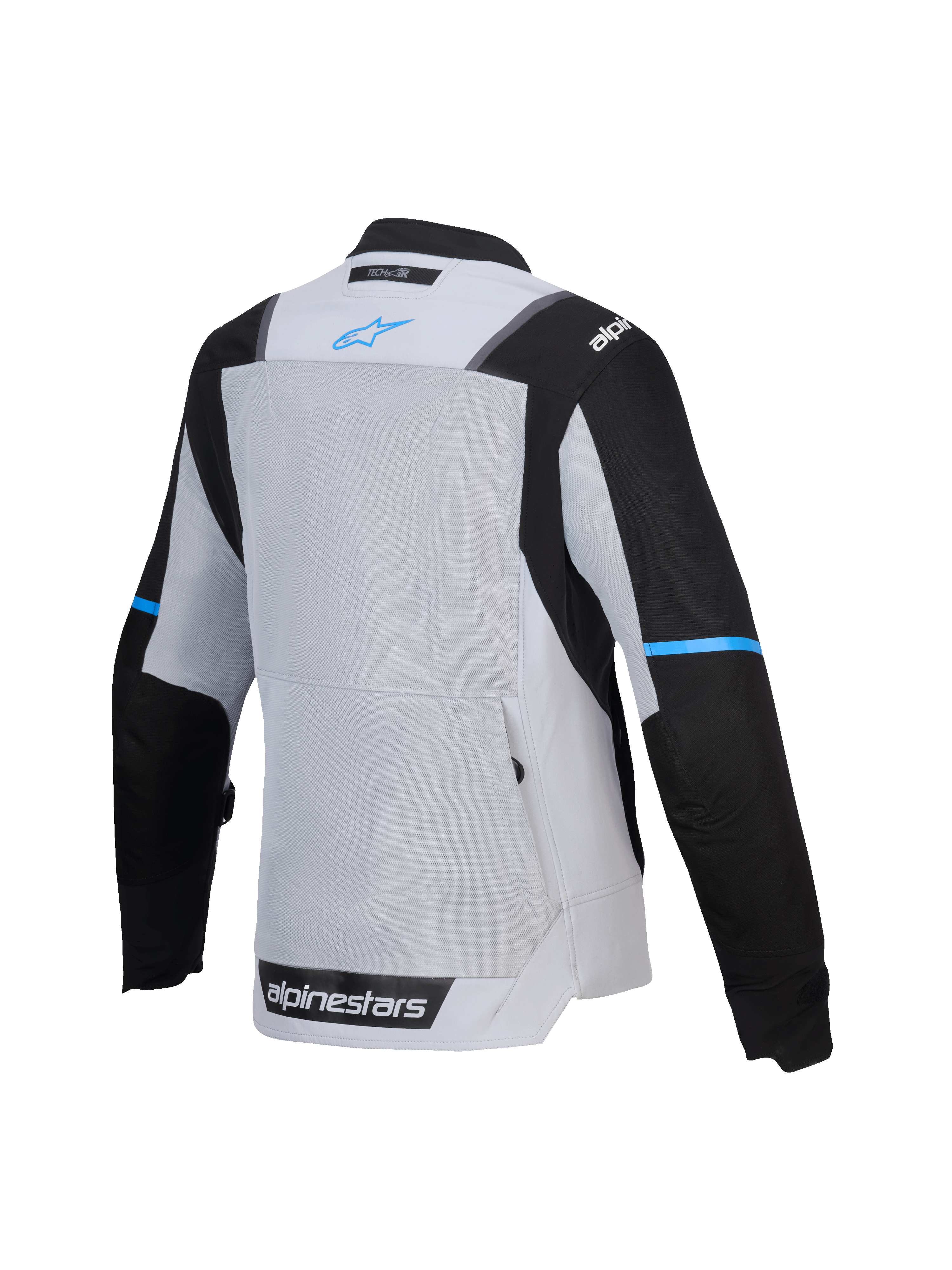 Alpinestars Stella ST-2 Air Jacket, women's textile motorcycle touring jacket, rear view showcasing mesh ventilation panel and back pocket, Ice Gray and Black with blue branding, CE certified level AA, Tech-Air ready