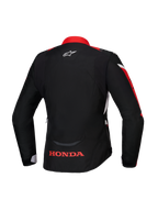 Alpinestars Honda Stella T-Jaws V4 WP Jacket, Rear view, Black with Bright Red and White accents, featuring red Honda logo on the lower back and white Alpinestars logo on the neck, women's sport fit waterproof textile jacket