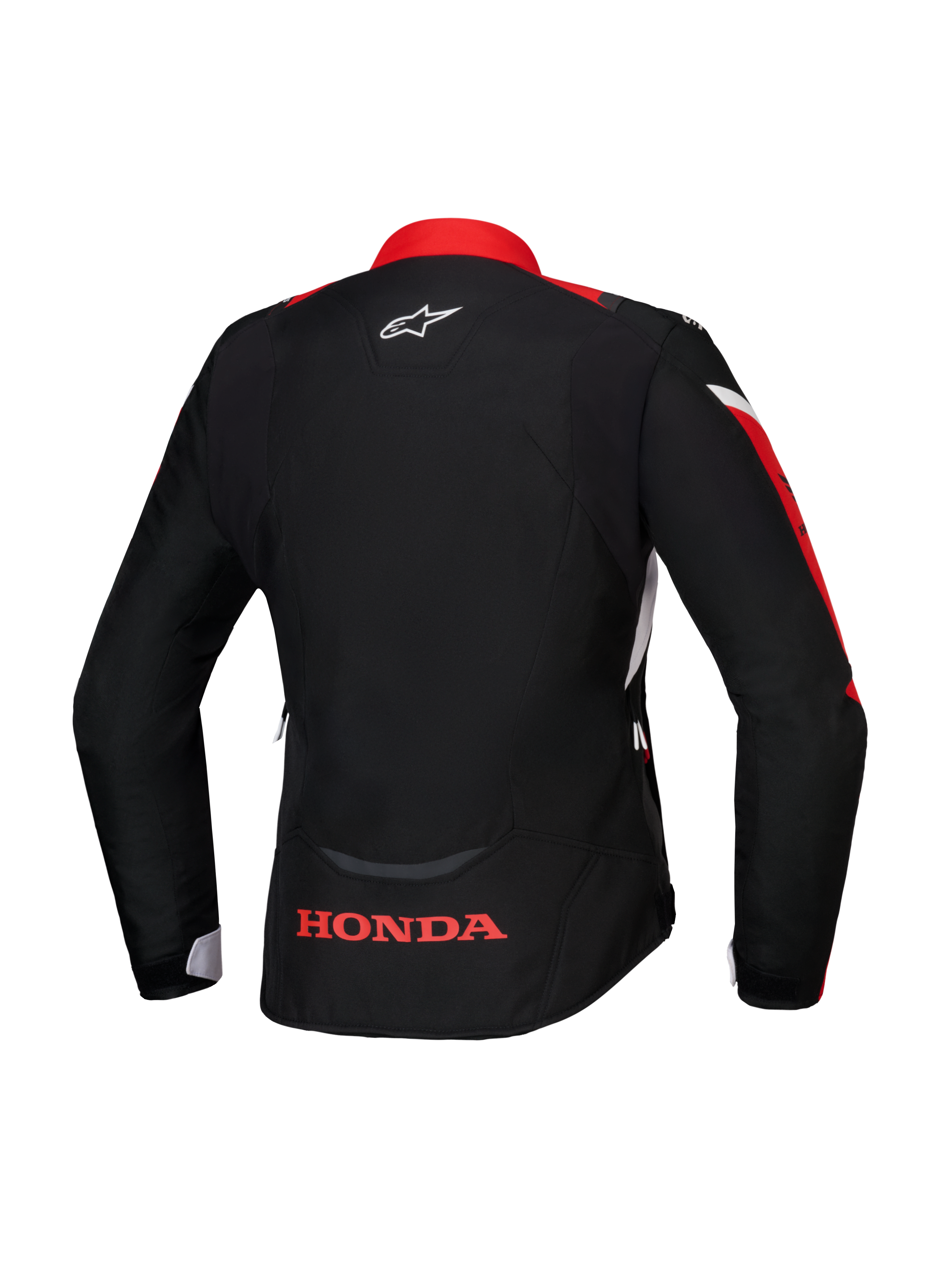 Alpinestars Honda Stella T-Jaws V4 WP Jacket, Rear view, Black with Bright Red and White accents, featuring red Honda logo on the lower back and white Alpinestars logo on the neck, women's sport fit waterproof textile jacket